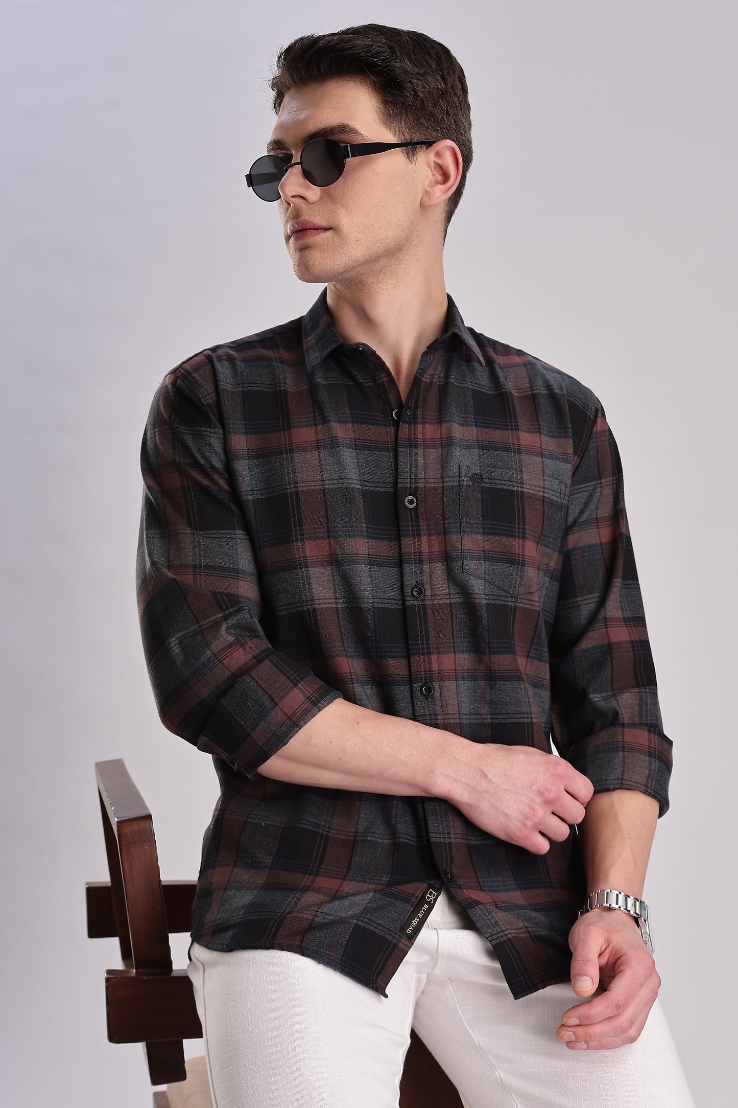 Men’s Brushed Plaid Long-Sleeve Shirt – Burgundy & Charcoal