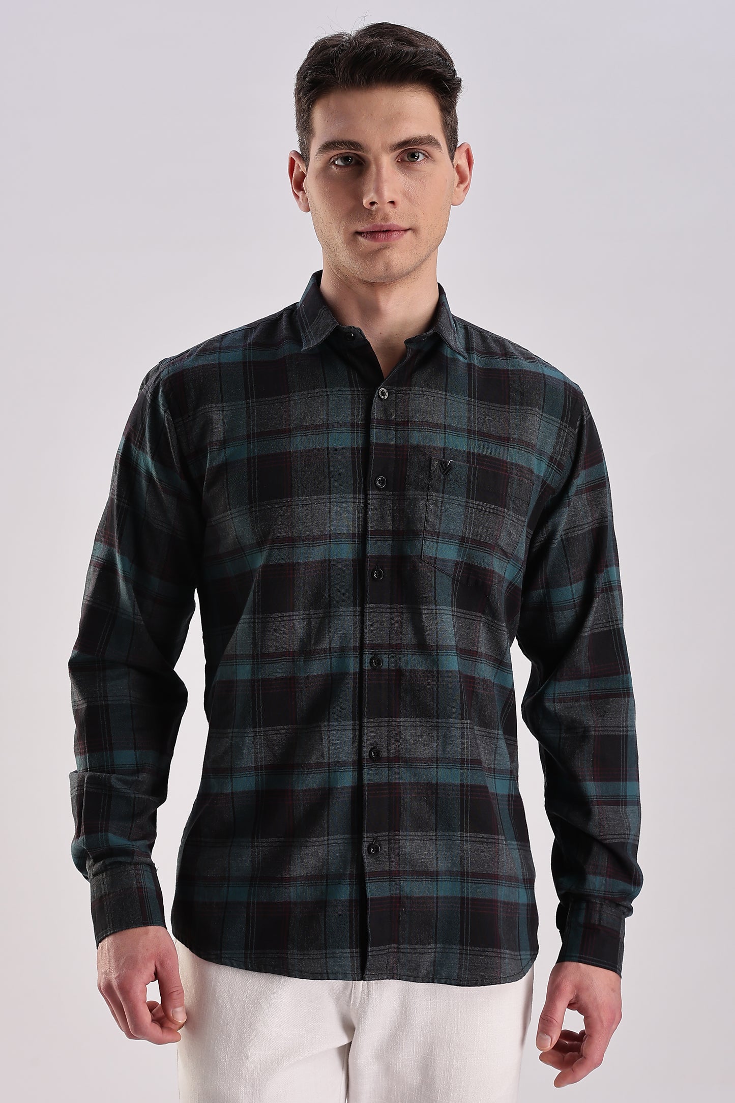 Men’s Brushed Plaid Long-Sleeve Shirt – Forest & Black