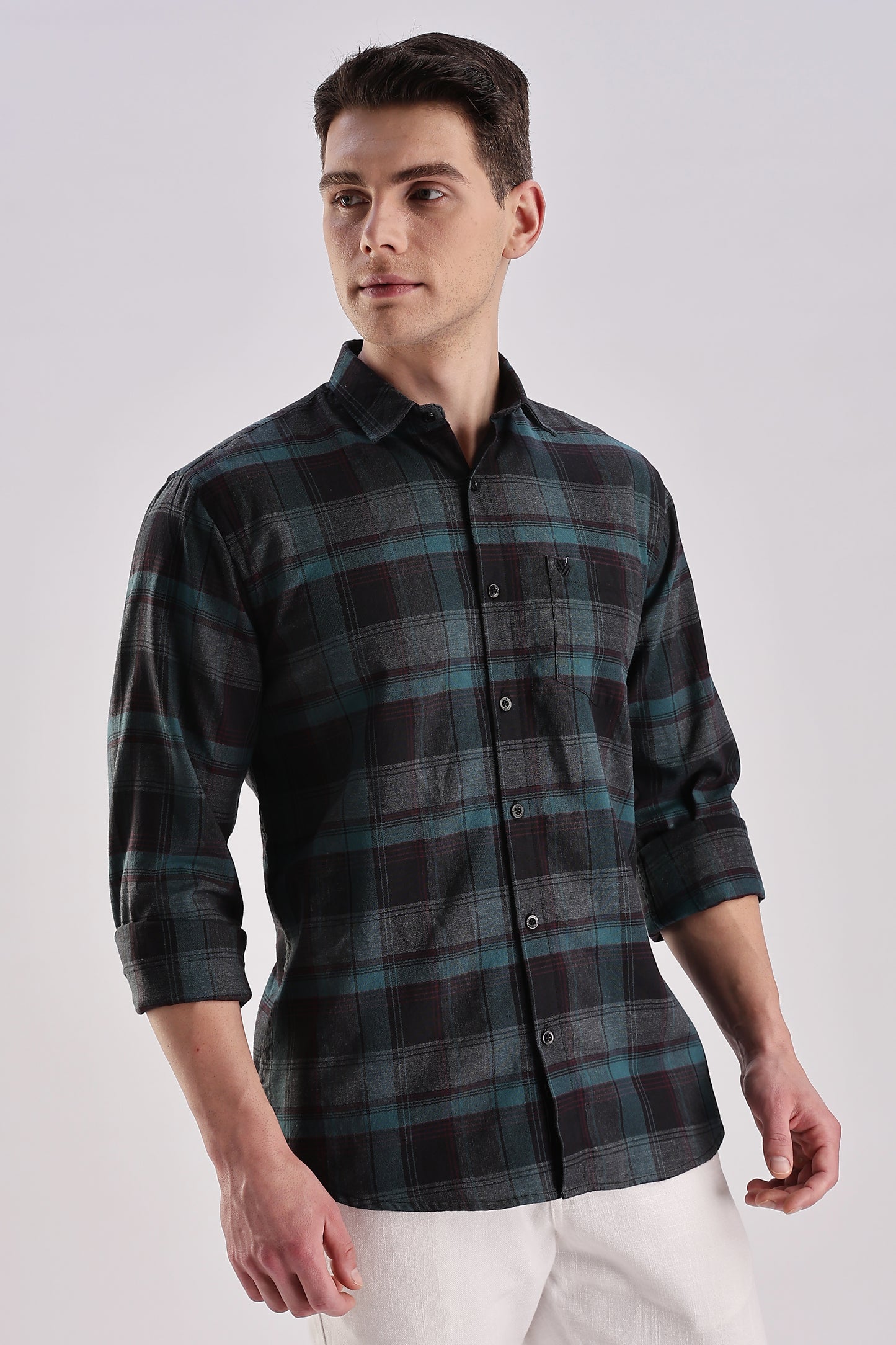 Men’s Brushed Plaid Long-Sleeve Shirt – Forest & Black