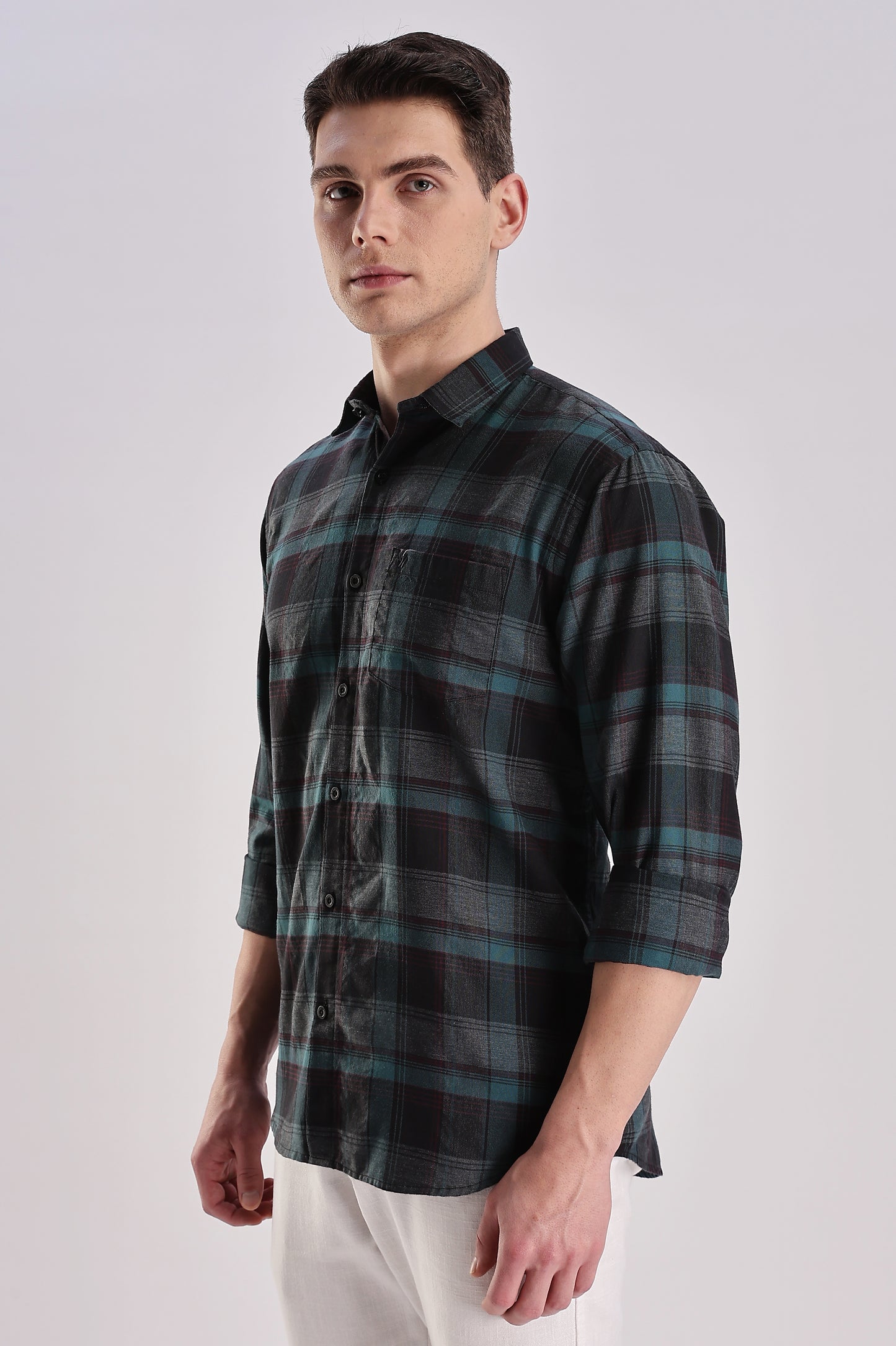 Men’s Brushed Plaid Long-Sleeve Shirt – Forest & Black