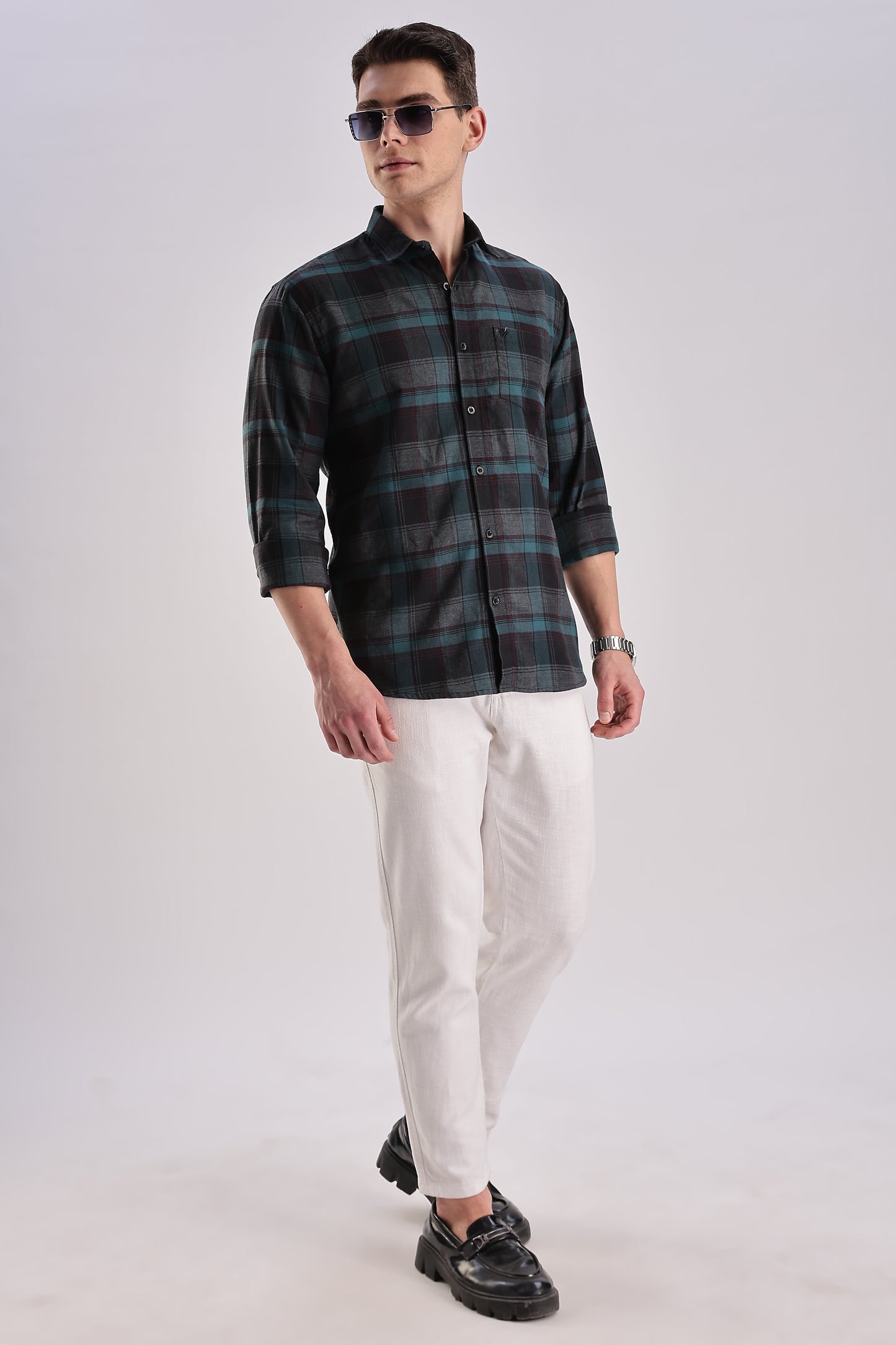 Men’s Brushed Plaid Long-Sleeve Shirt – Forest & Black