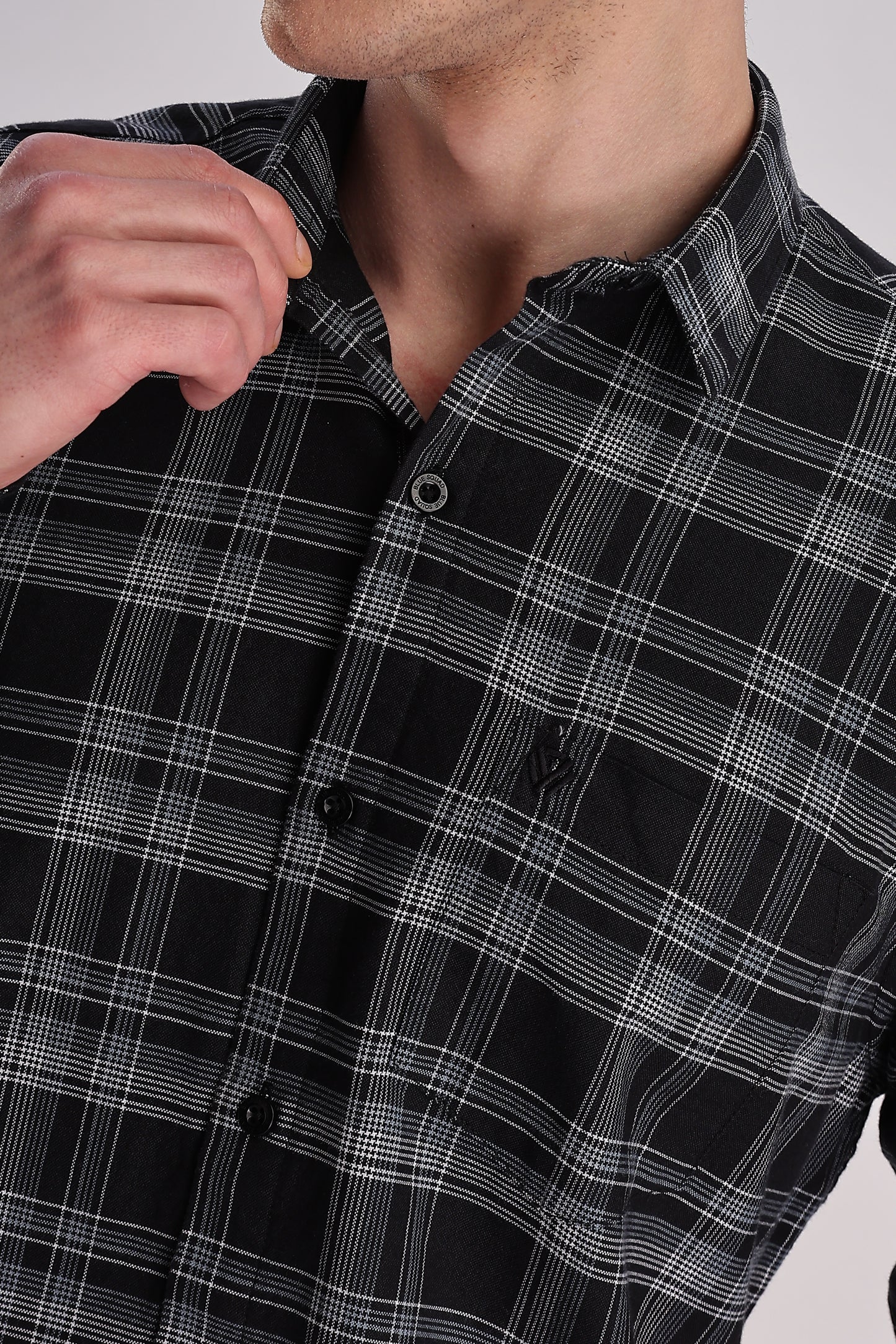 Men’s Brushed Plaid Long-Sleeve Shirt – Black & White Grid