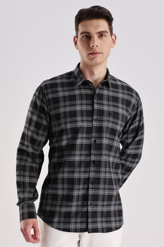 Men’s Brushed Plaid Long-Sleeve Shirt – Black & White Grid
