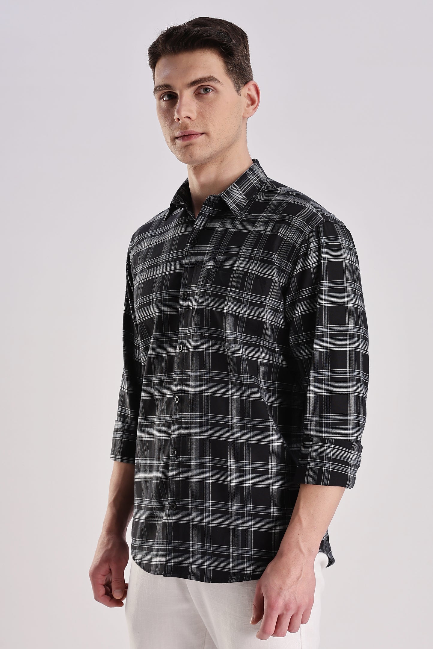 Men’s Brushed Plaid Long-Sleeve Shirt – Black & White Grid