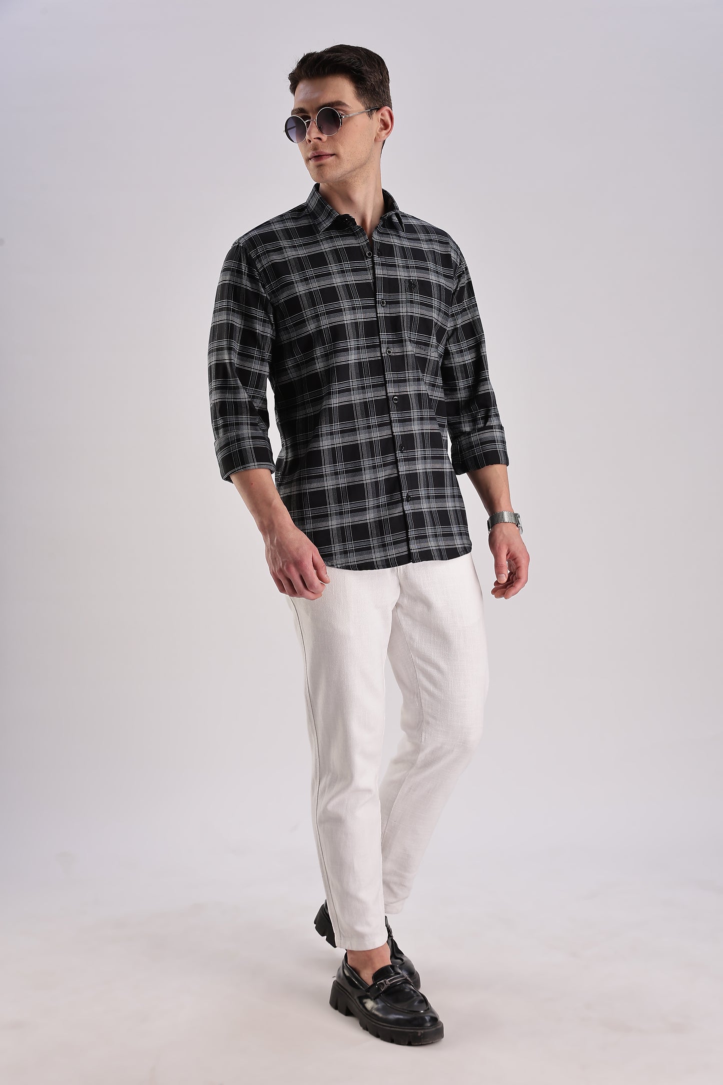 Men’s Brushed Plaid Long-Sleeve Shirt – Black & White Grid