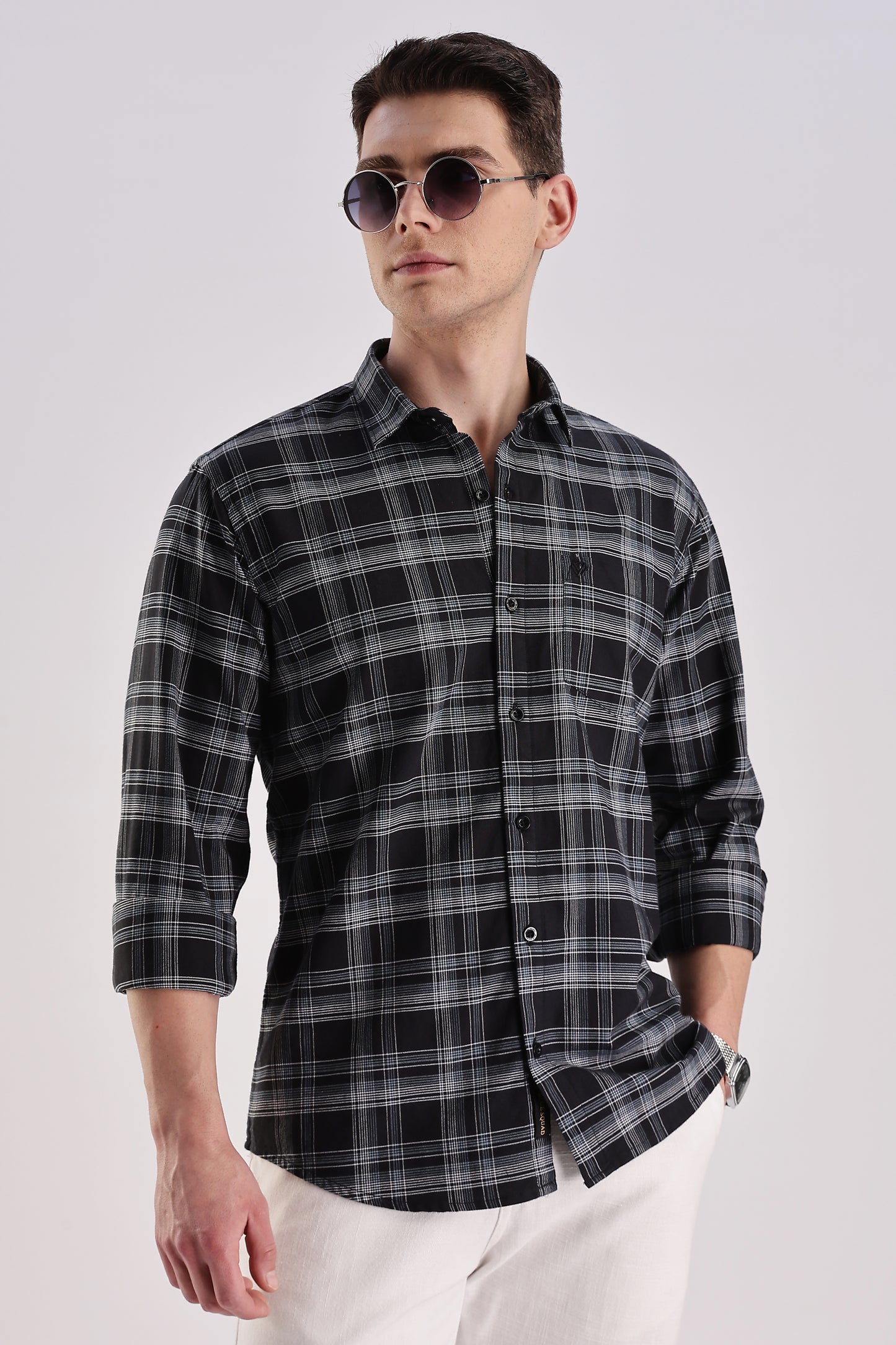 Men’s Brushed Plaid Long-Sleeve Shirt – Black & White Grid