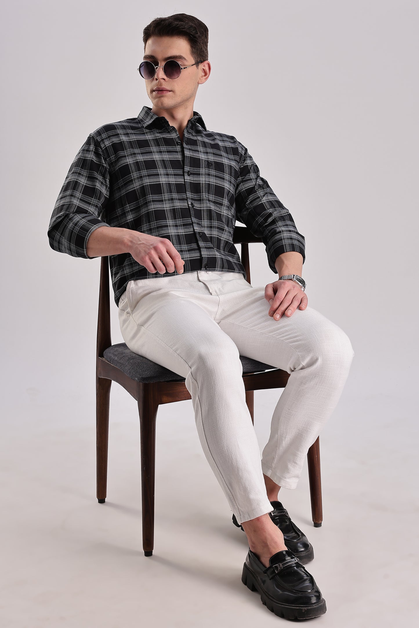 Men’s Brushed Plaid Long-Sleeve Shirt – Black & White Grid