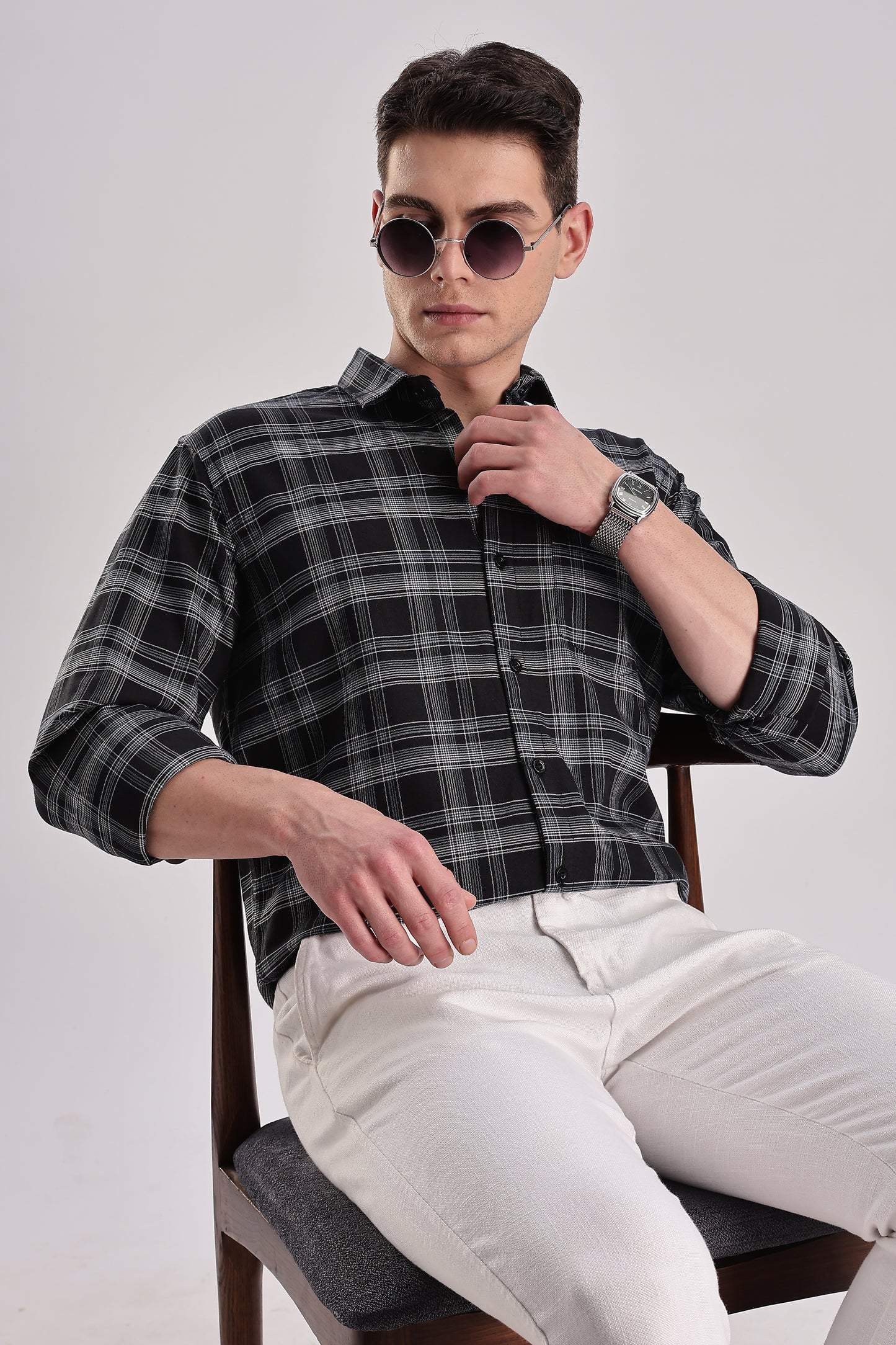 Men’s Brushed Plaid Long-Sleeve Shirt – Black & White Grid