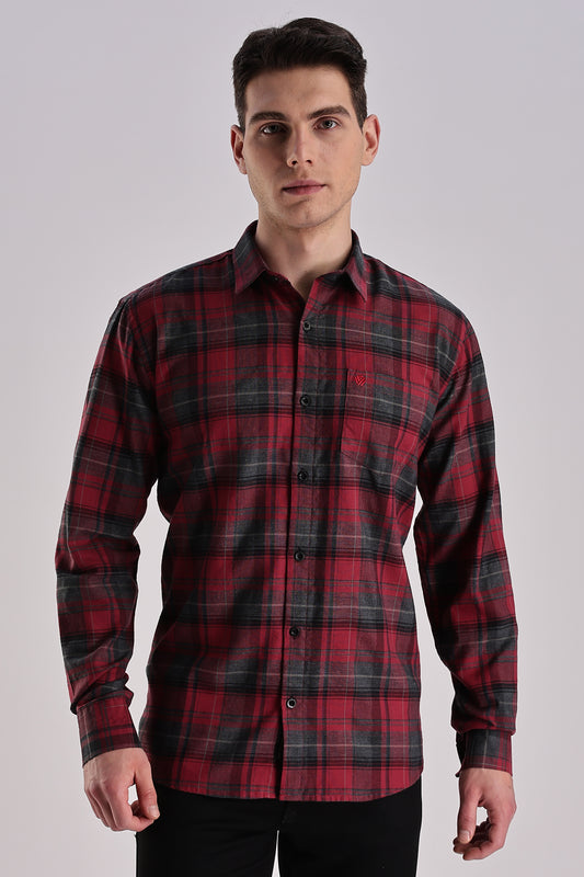 Men’s Brushed Plaid Long-Sleeve Shirt – Red & Charcoal