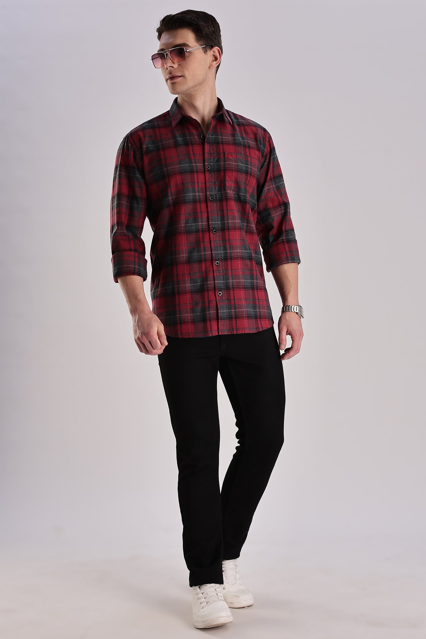Men’s Brushed Plaid Long-Sleeve Shirt – Red & Charcoal