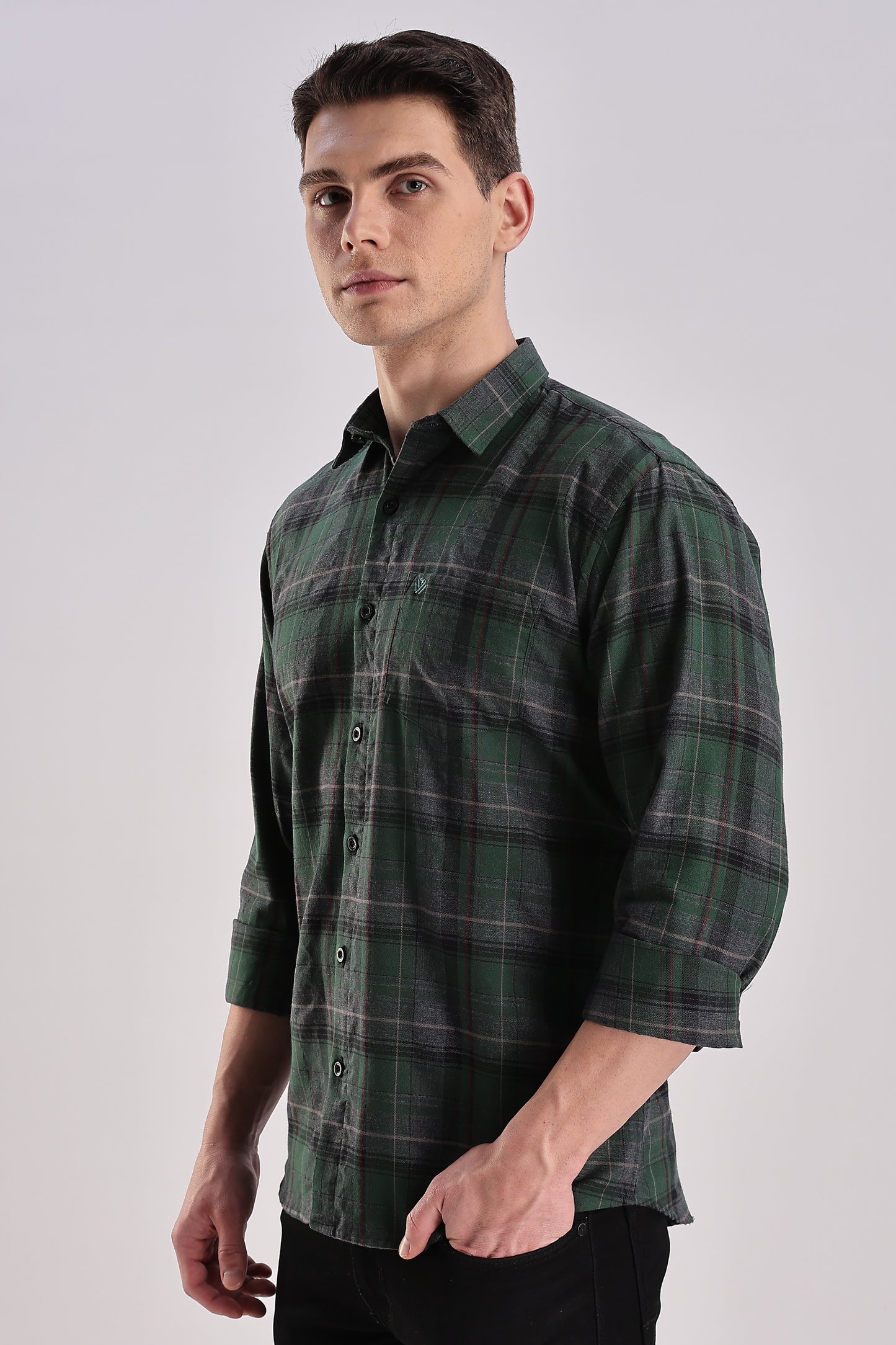 Men’s Brushed Plaid Long-Sleeve Shirt – Forest/Charcoal