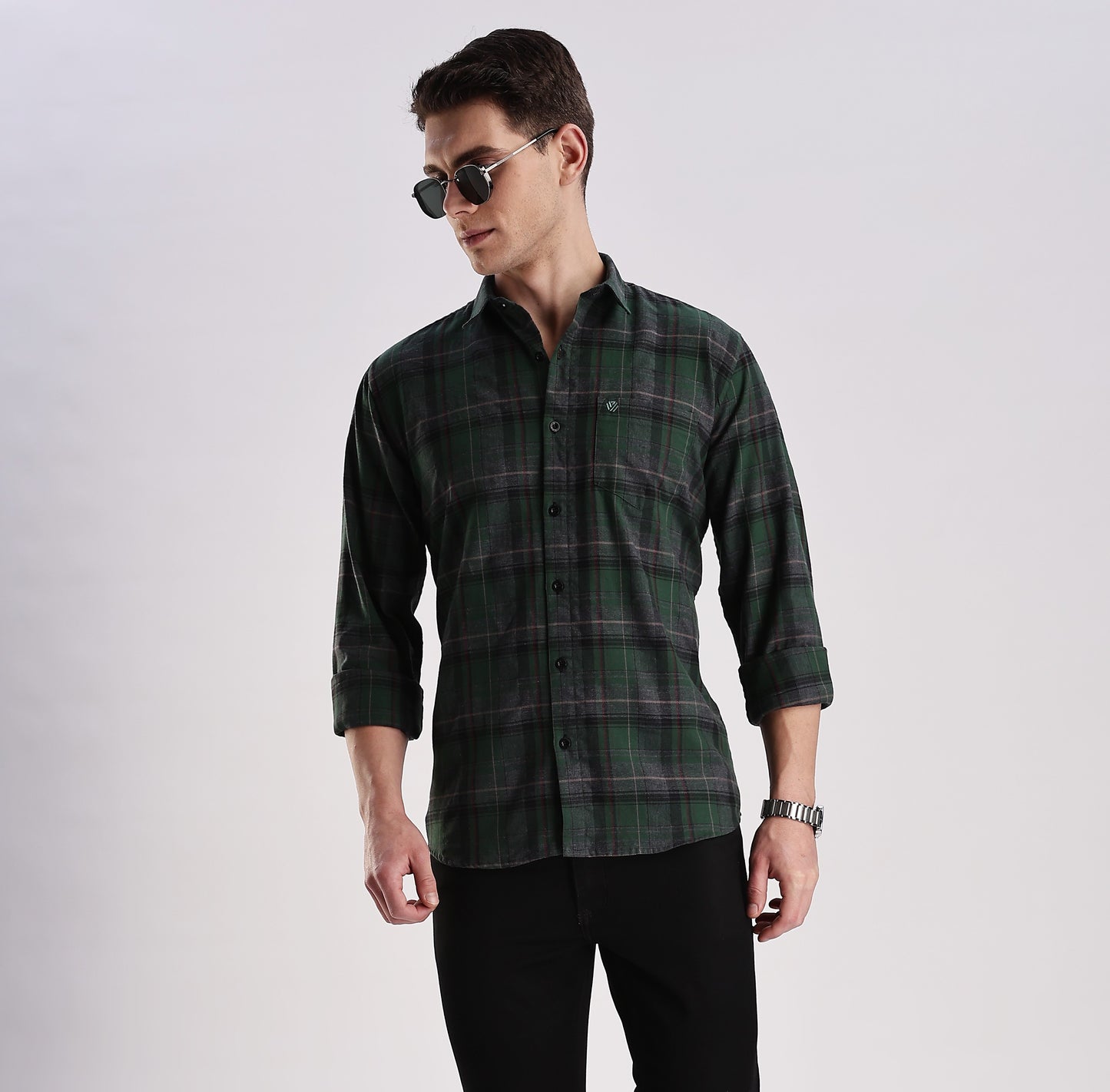 Men’s Brushed Plaid Long-Sleeve Shirt – Forest/Charcoal