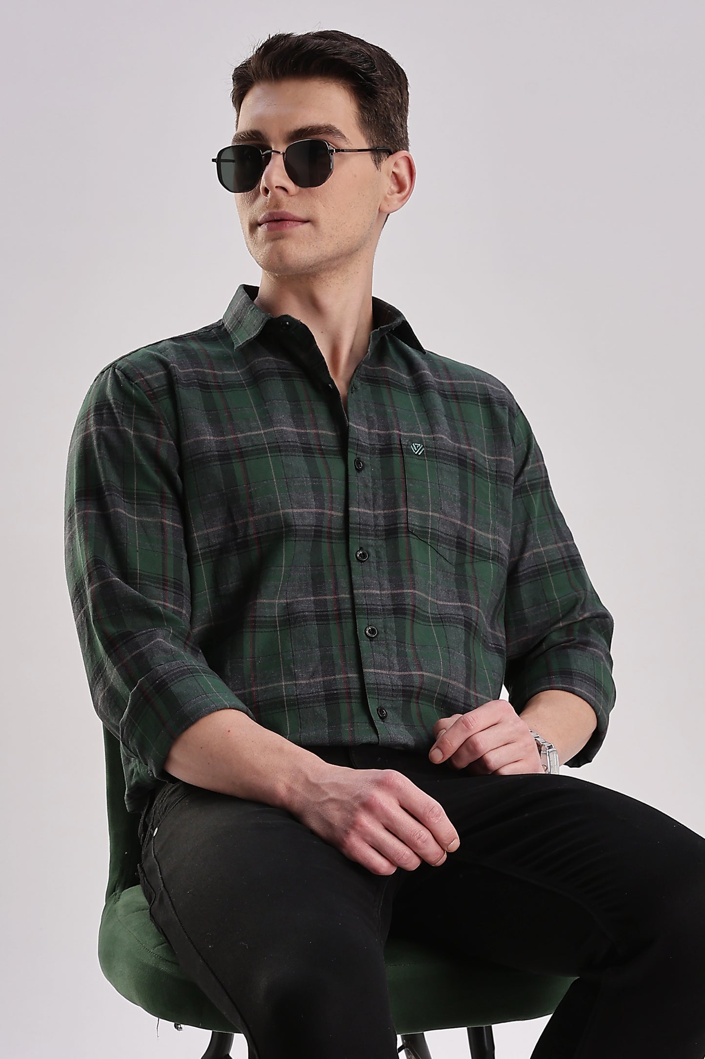 Men’s Brushed Plaid Long-Sleeve Shirt – Forest/Charcoal