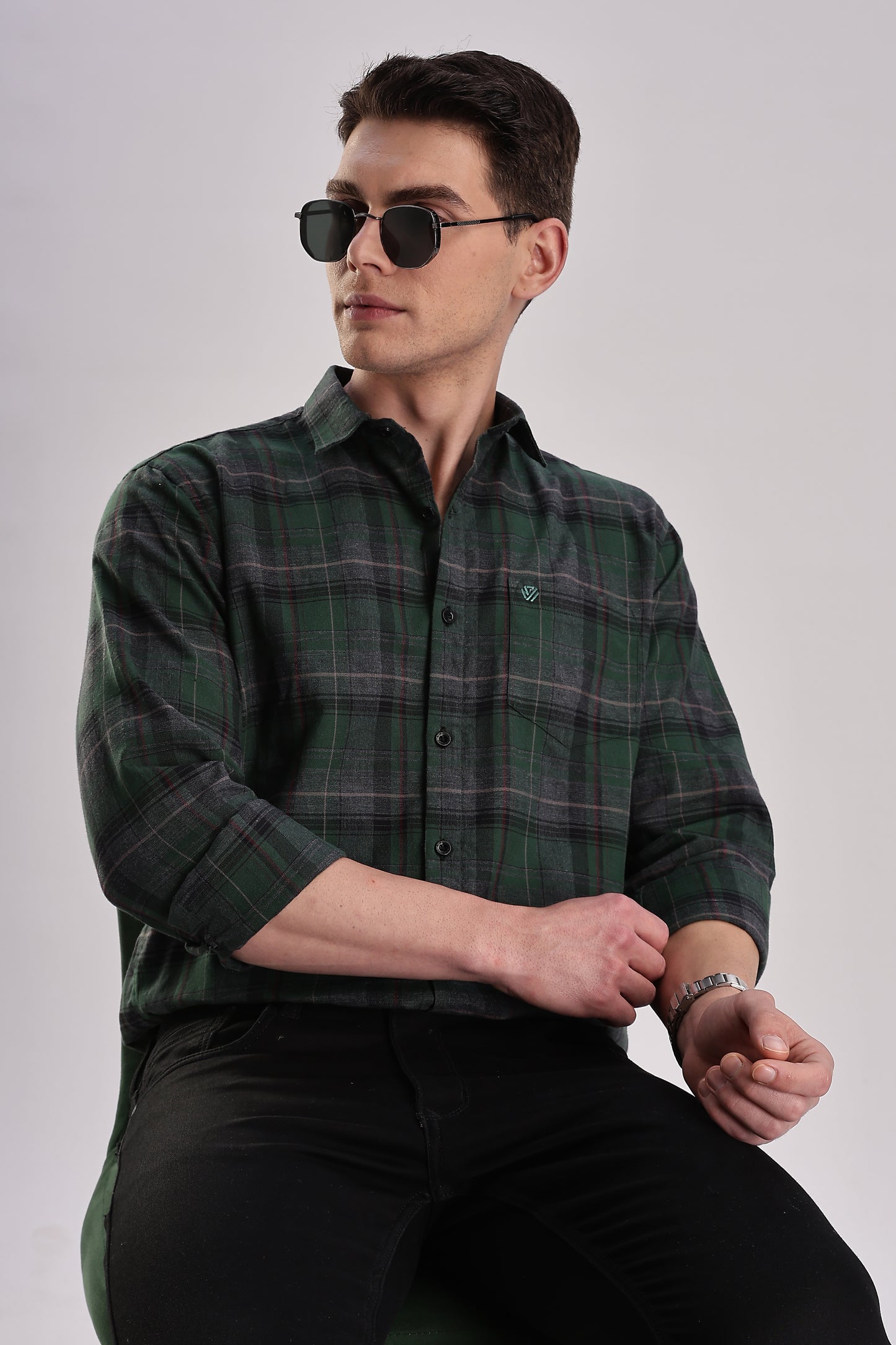 Men’s Brushed Plaid Long-Sleeve Shirt – Forest/Charcoal