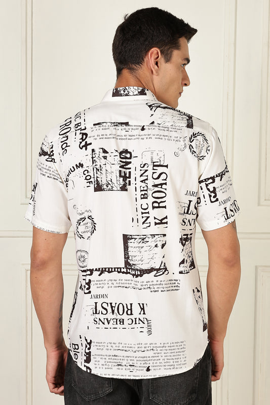 Men’s Coffee Newspaper Typography Print Short-Sleeve Shirt – White/Black
