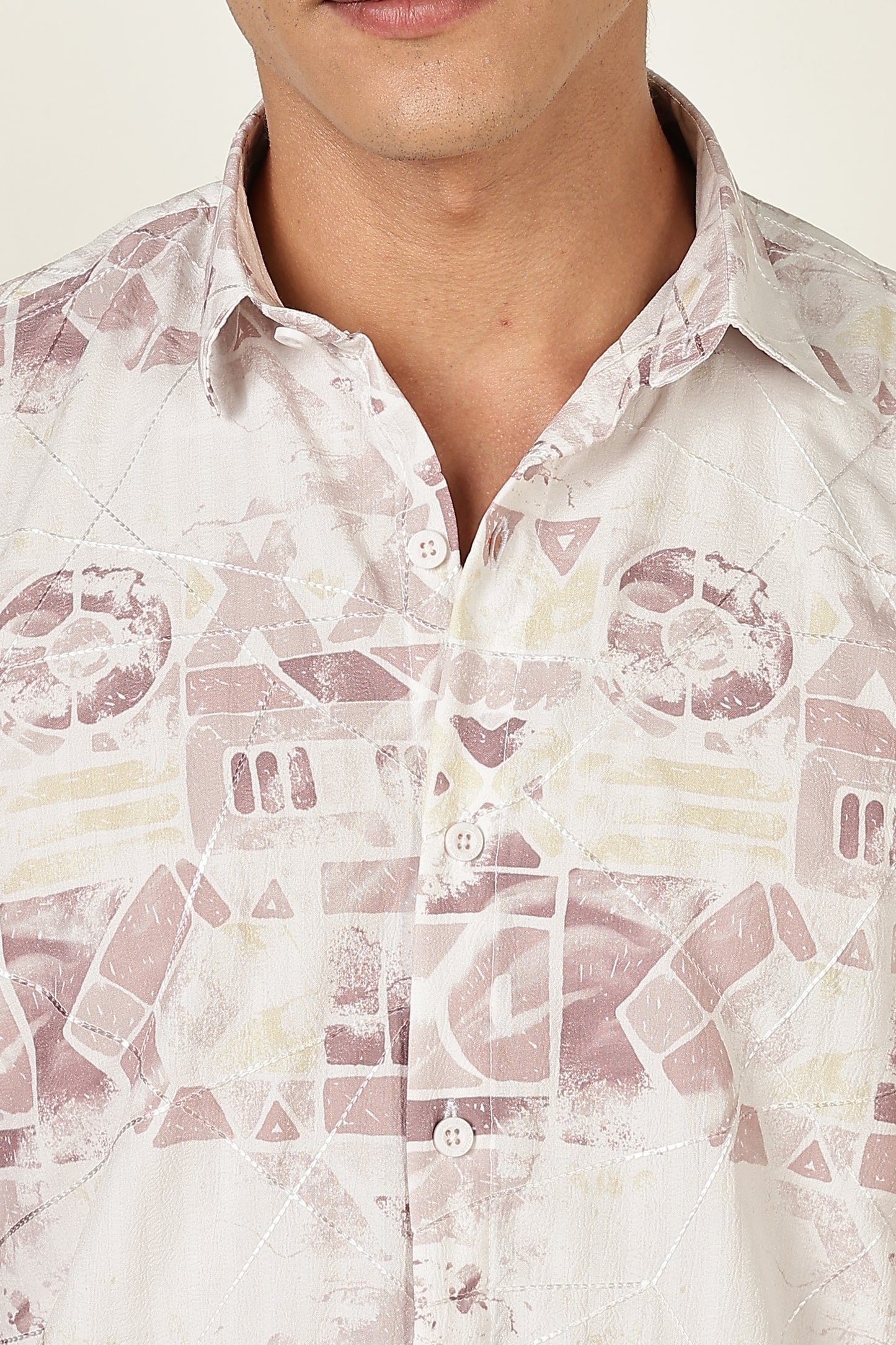 Men’s Pastel Geo Print Short-Sleeve Shirt – White/Mauve