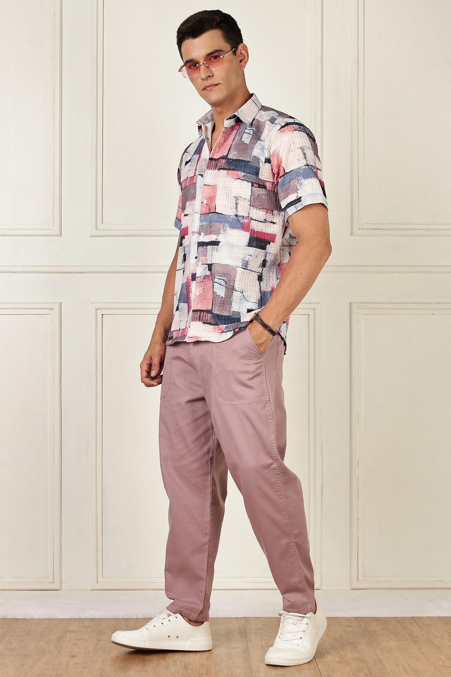 Men’s Painterly Block Print Short-Sleeve Shirt – Blush & Navy