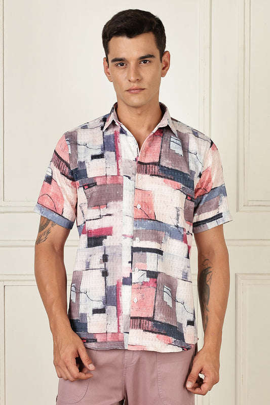 Men’s Painterly Block Print Short-Sleeve Shirt – Blush & Navy