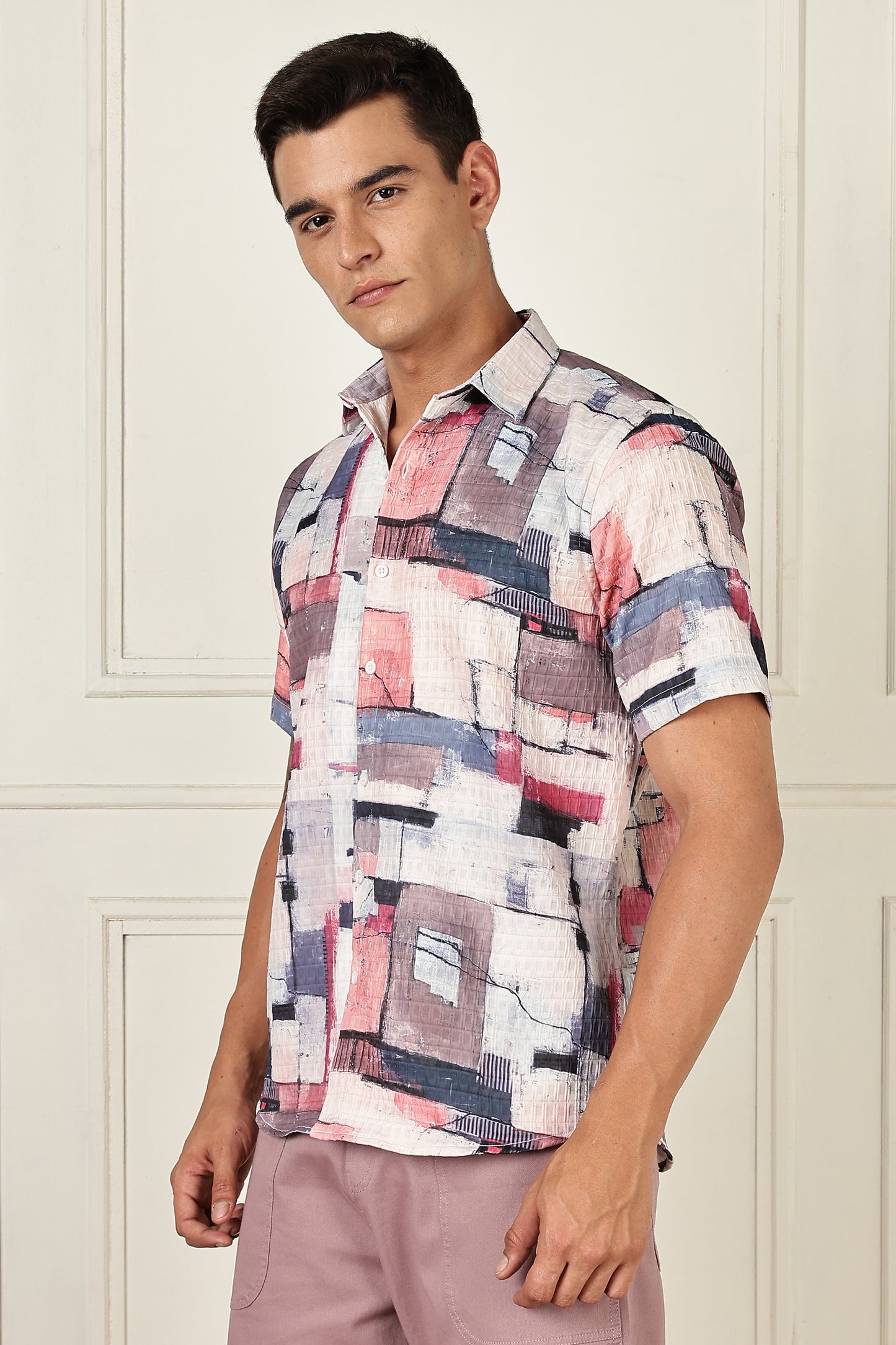 Men’s Painterly Block Print Short-Sleeve Shirt – Blush & Navy