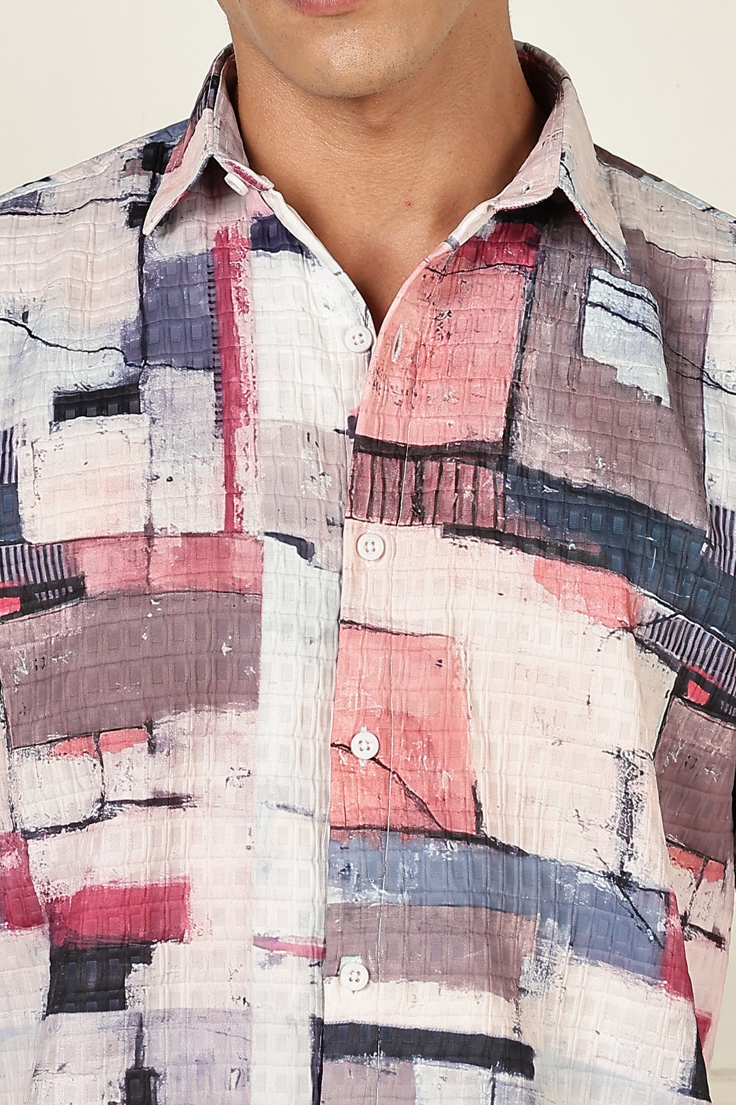 Men’s Painterly Block Print Short-Sleeve Shirt – Blush & Navy
