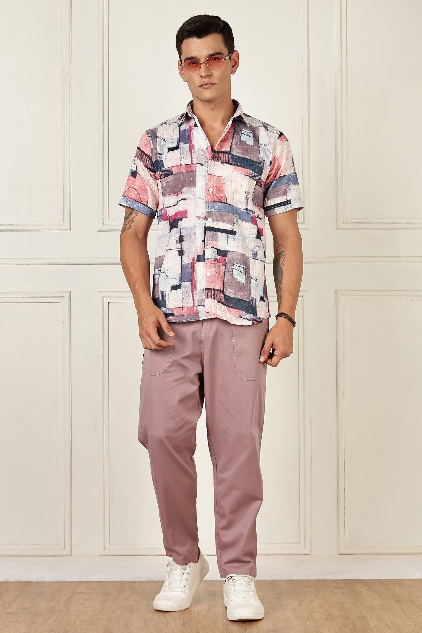 Men’s Painterly Block Print Short-Sleeve Shirt – Blush & Navy