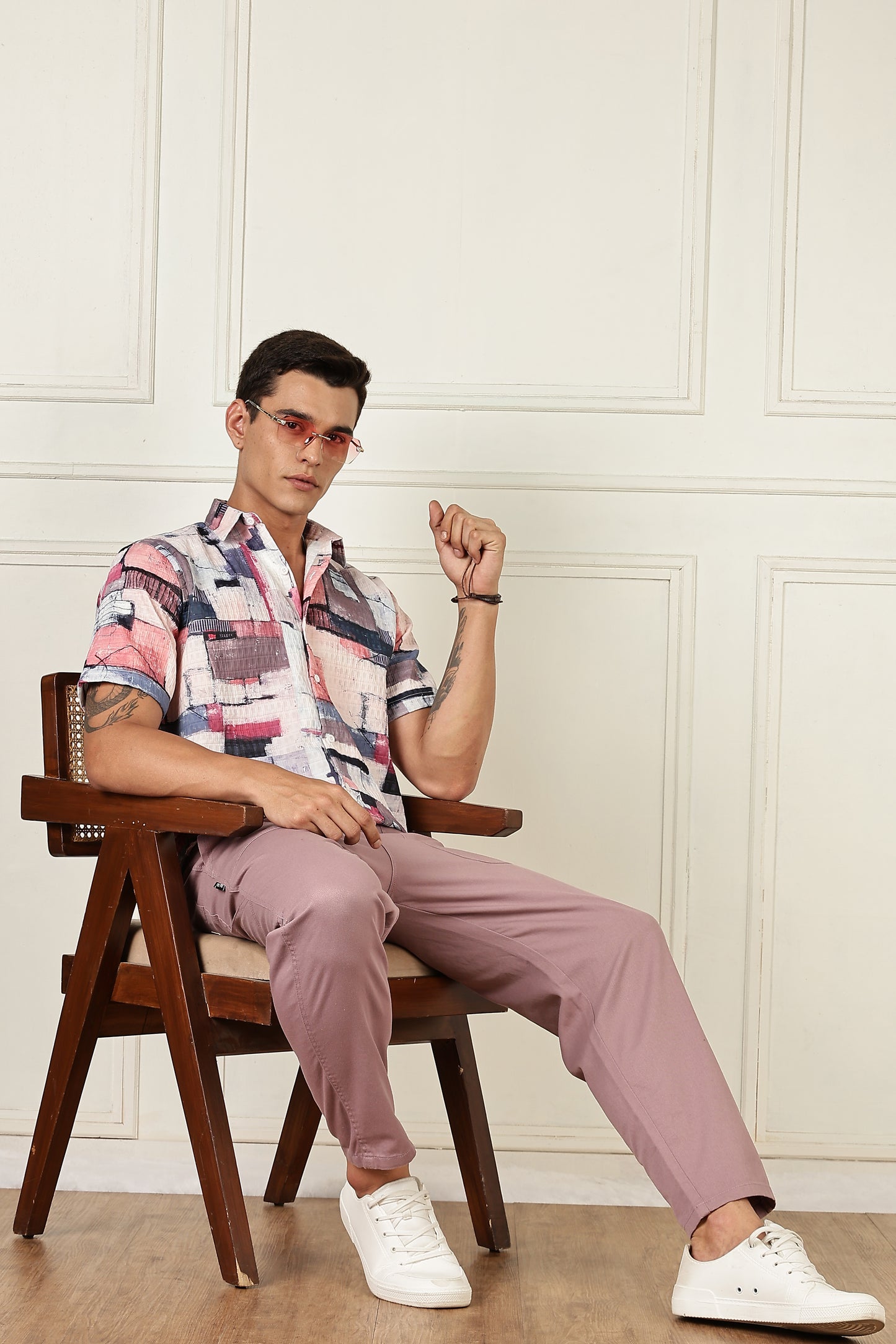 Men’s Painterly Block Print Short-Sleeve Shirt – Blush & Navy