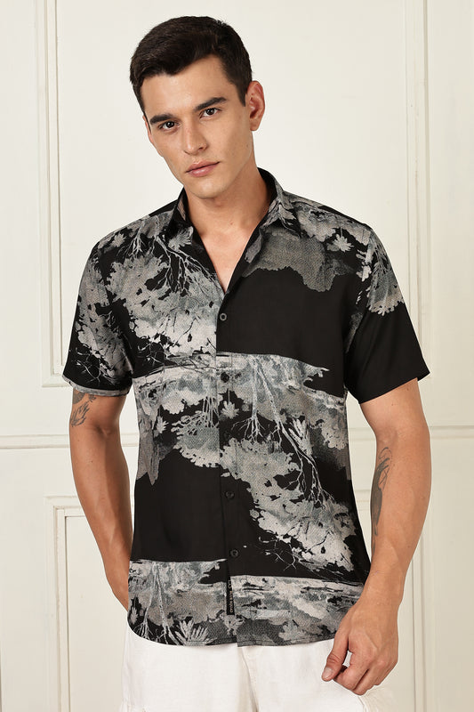 Men’s Shadow Botanical Print Short-Sleeve Shirt – Black/Grey
