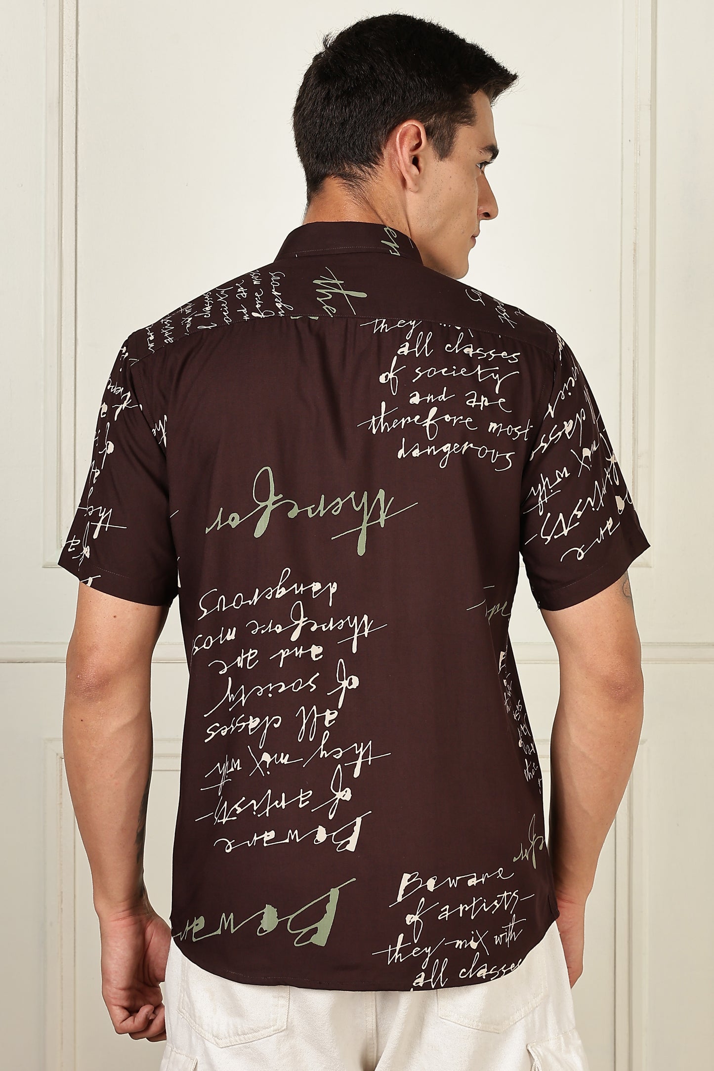 Men’s Handwritten Script Print Short-Sleeve Shirt – Burgundy/Sage