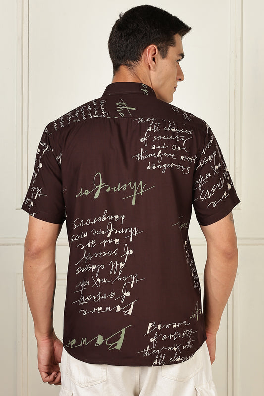 Men’s Handwritten Script Print Short-Sleeve Shirt – Burgundy/Sage