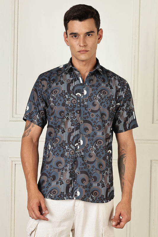 Men’s Geometric Concentric Print Short-Sleeve Shirt – Slate/Navy