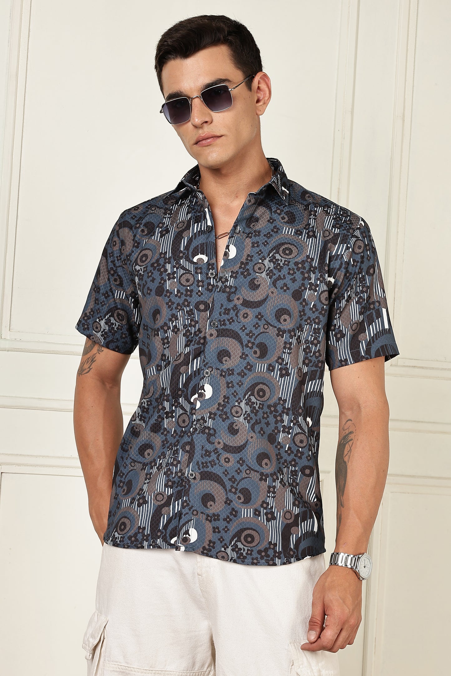 Men’s Geometric Concentric Print Short-Sleeve Shirt – Slate/Navy