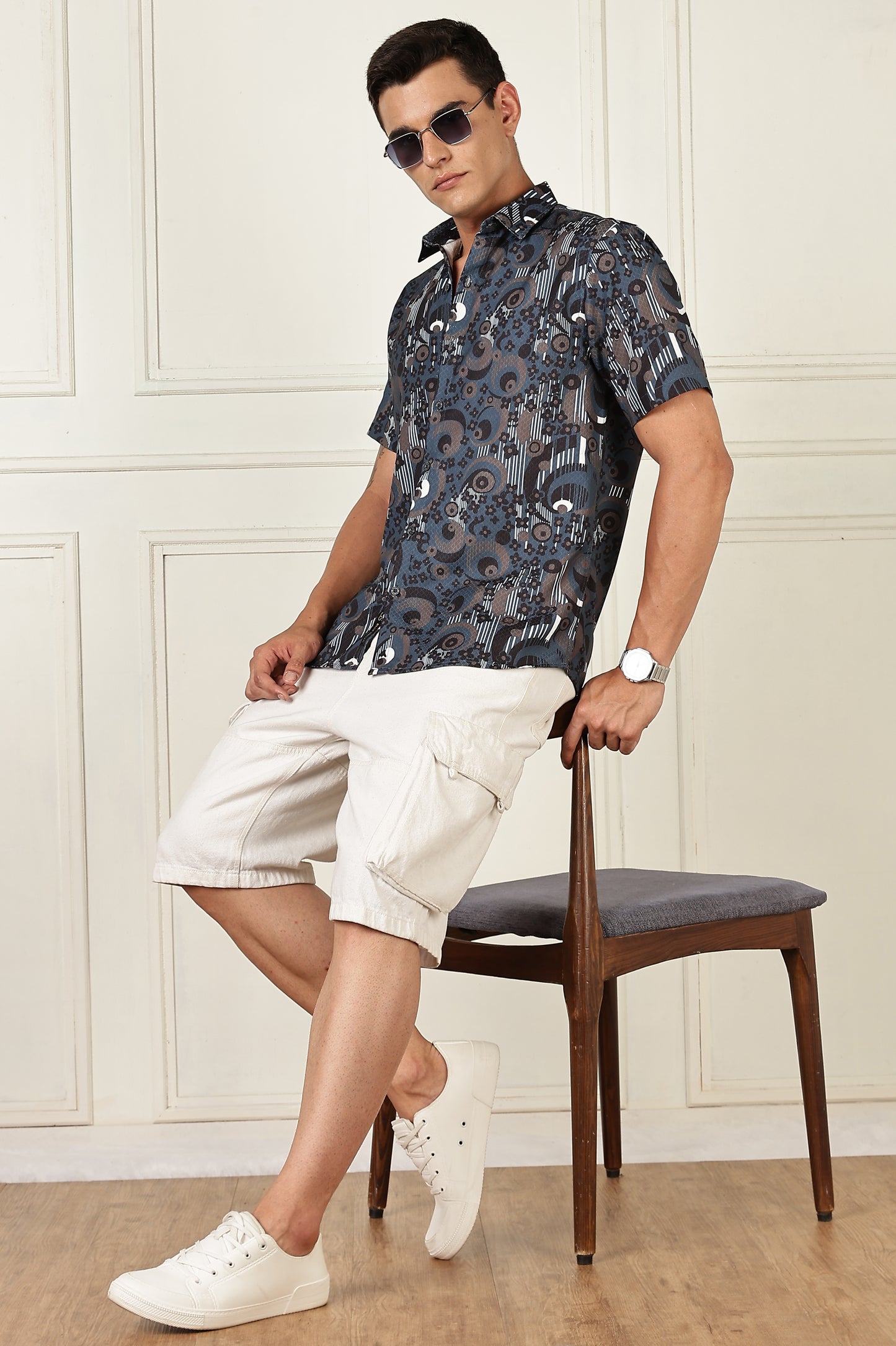 Men’s Geometric Concentric Print Short-Sleeve Shirt – Slate/Navy