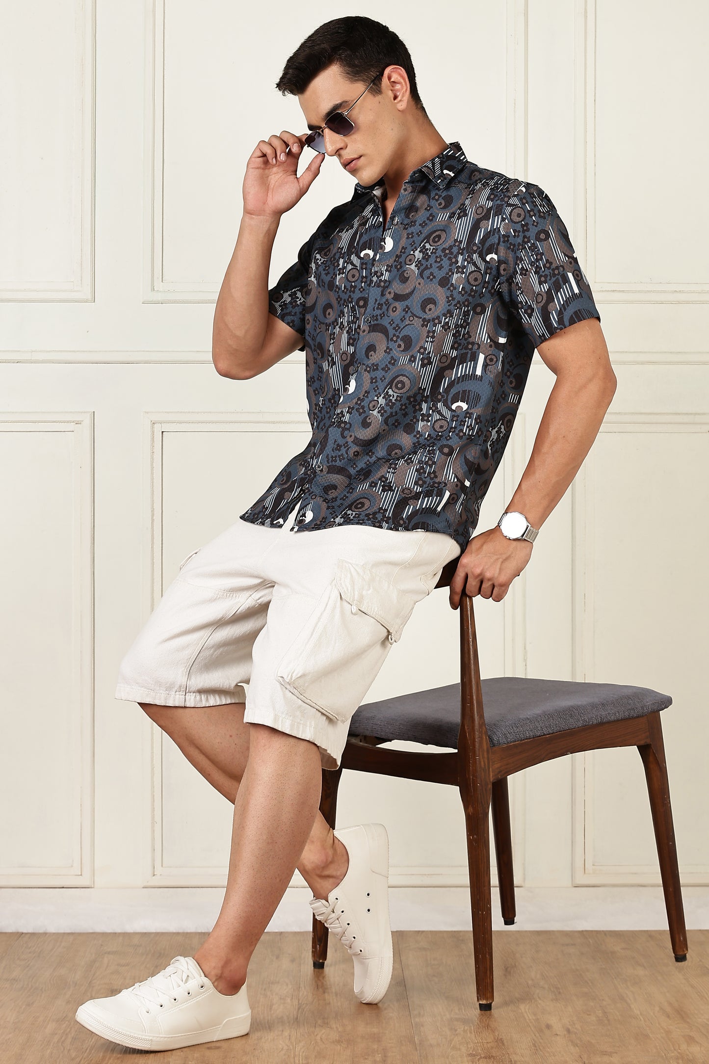 Men’s Geometric Concentric Print Short-Sleeve Shirt – Slate/Navy