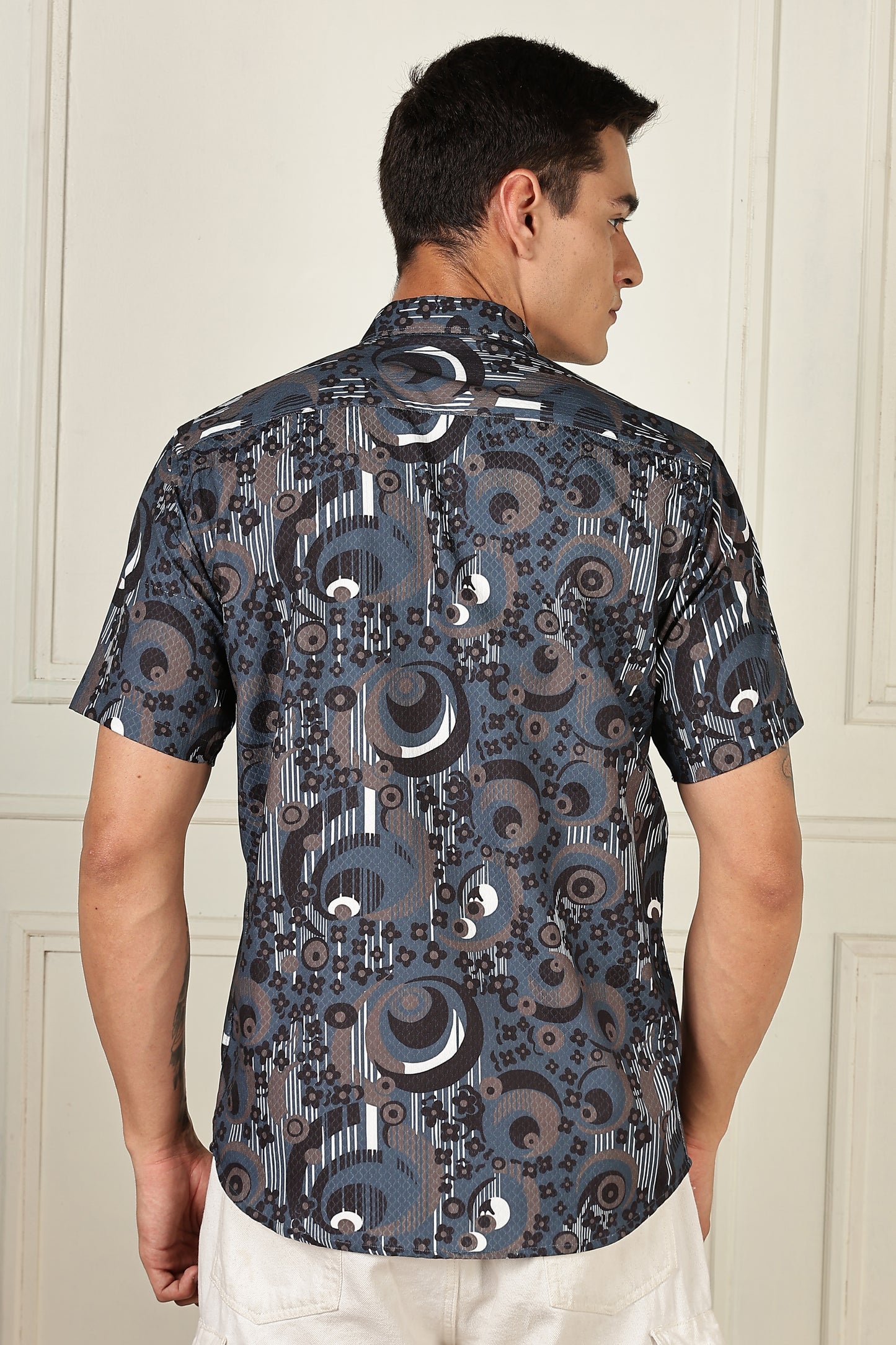 Men’s Geometric Concentric Print Short-Sleeve Shirt – Slate/Navy