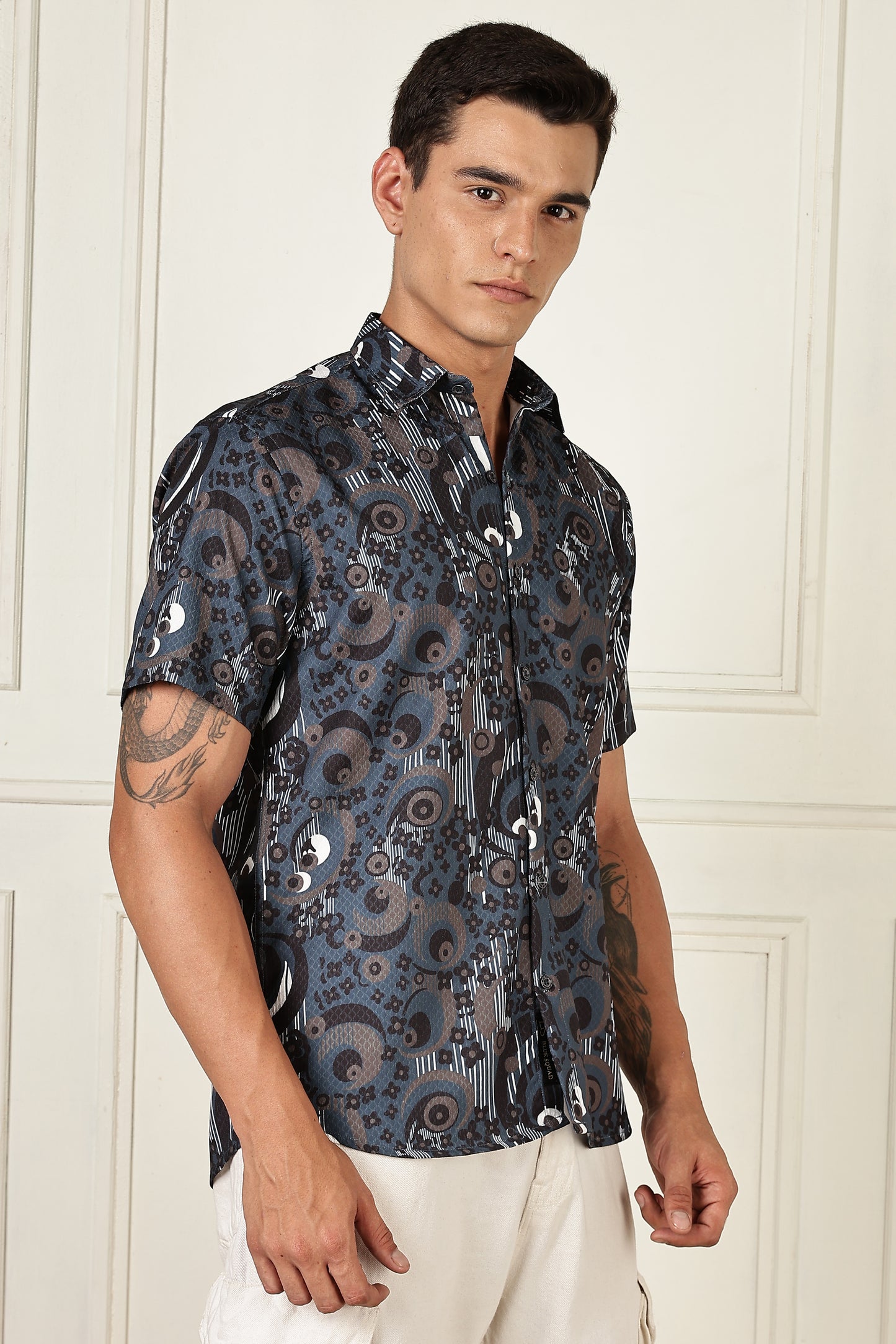 Men’s Geometric Concentric Print Short-Sleeve Shirt – Slate/Navy