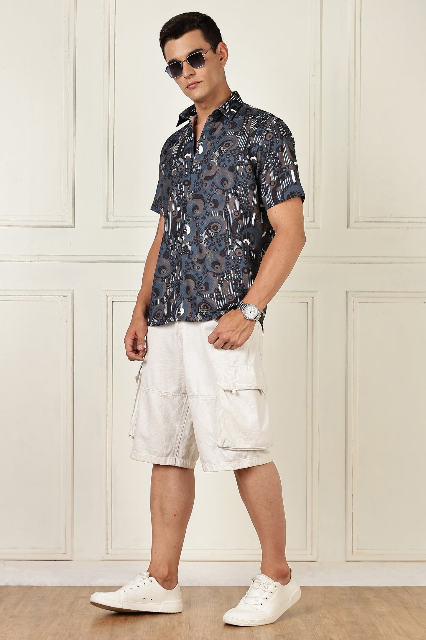 Men’s Geometric Concentric Print Short-Sleeve Shirt – Slate/Navy