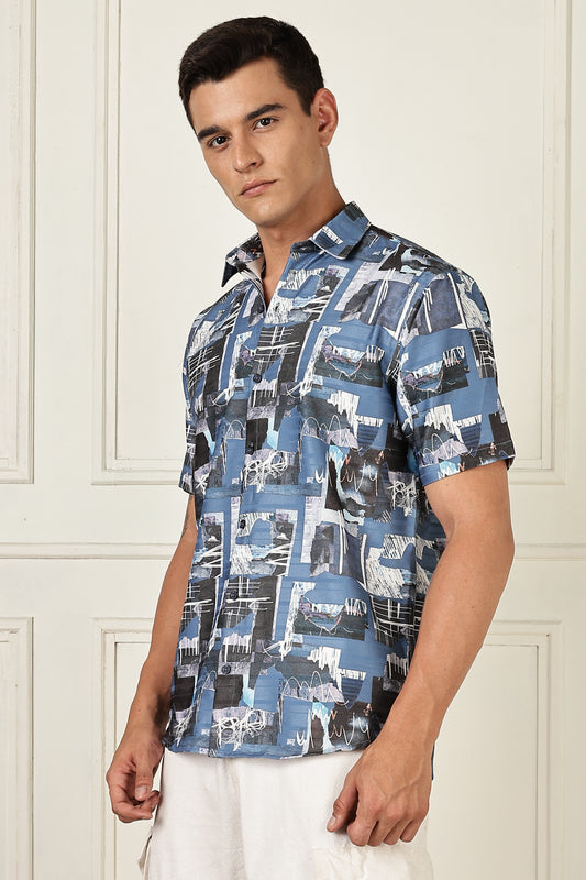 Men’s Urban Photo-Collage Print Short-Sleeve Shirt – Indigo/Black