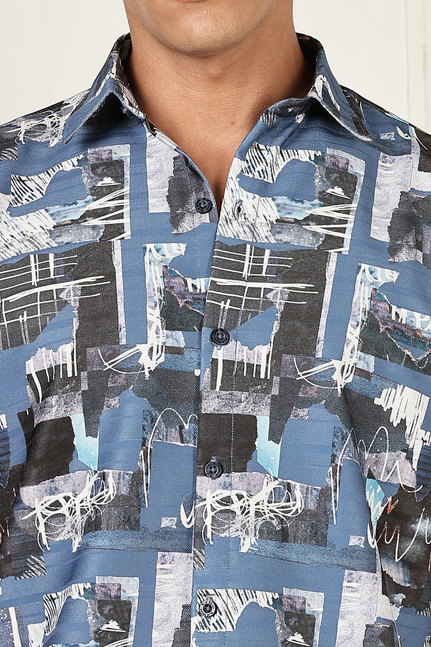 Men’s Urban Photo-Collage Print Short-Sleeve Shirt – Indigo/Black