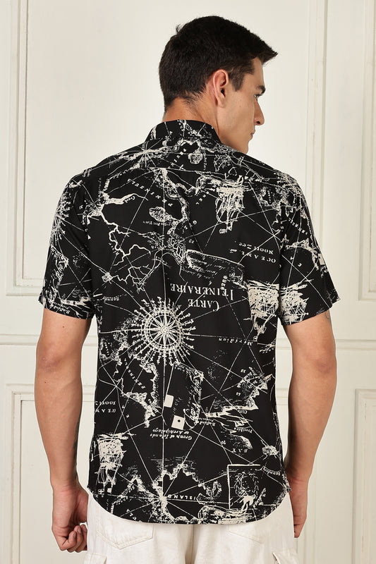 Men’s Vintage Map Print Short-Sleeve Shirt – Black/Ivory