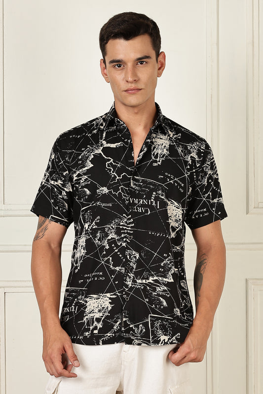 Men’s Vintage Map Print Short-Sleeve Shirt – Black/Ivory