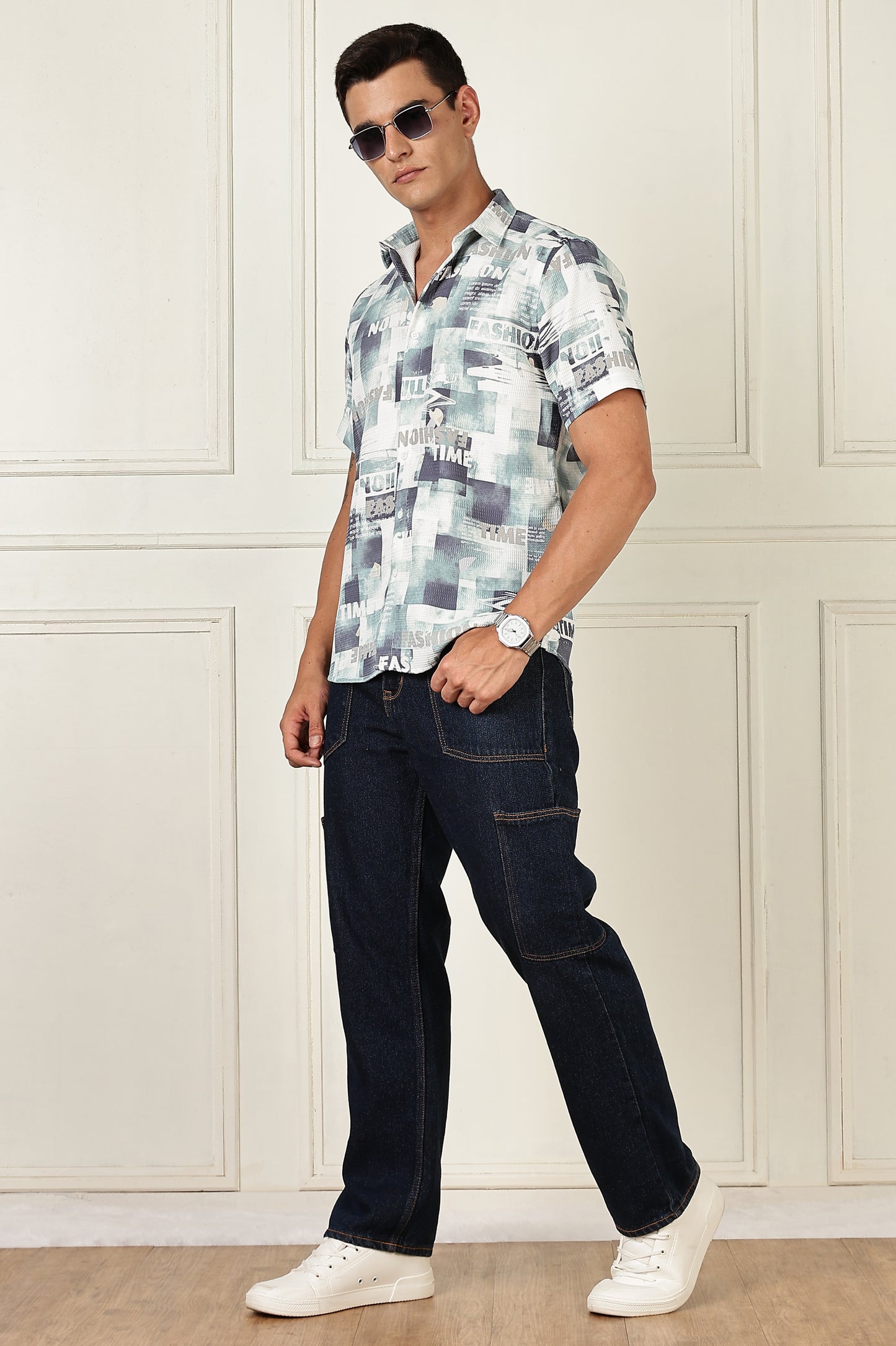 Men’s Typography Collage Print Short-Sleeve Shirt – Seafoam/Slate