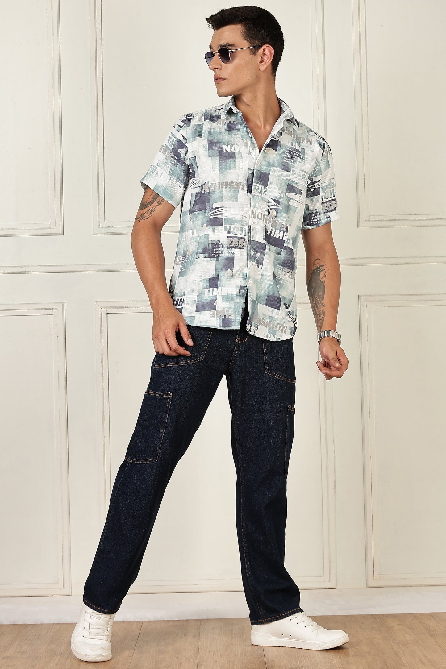 Men’s Typography Collage Print Short-Sleeve Shirt – Seafoam/Slate