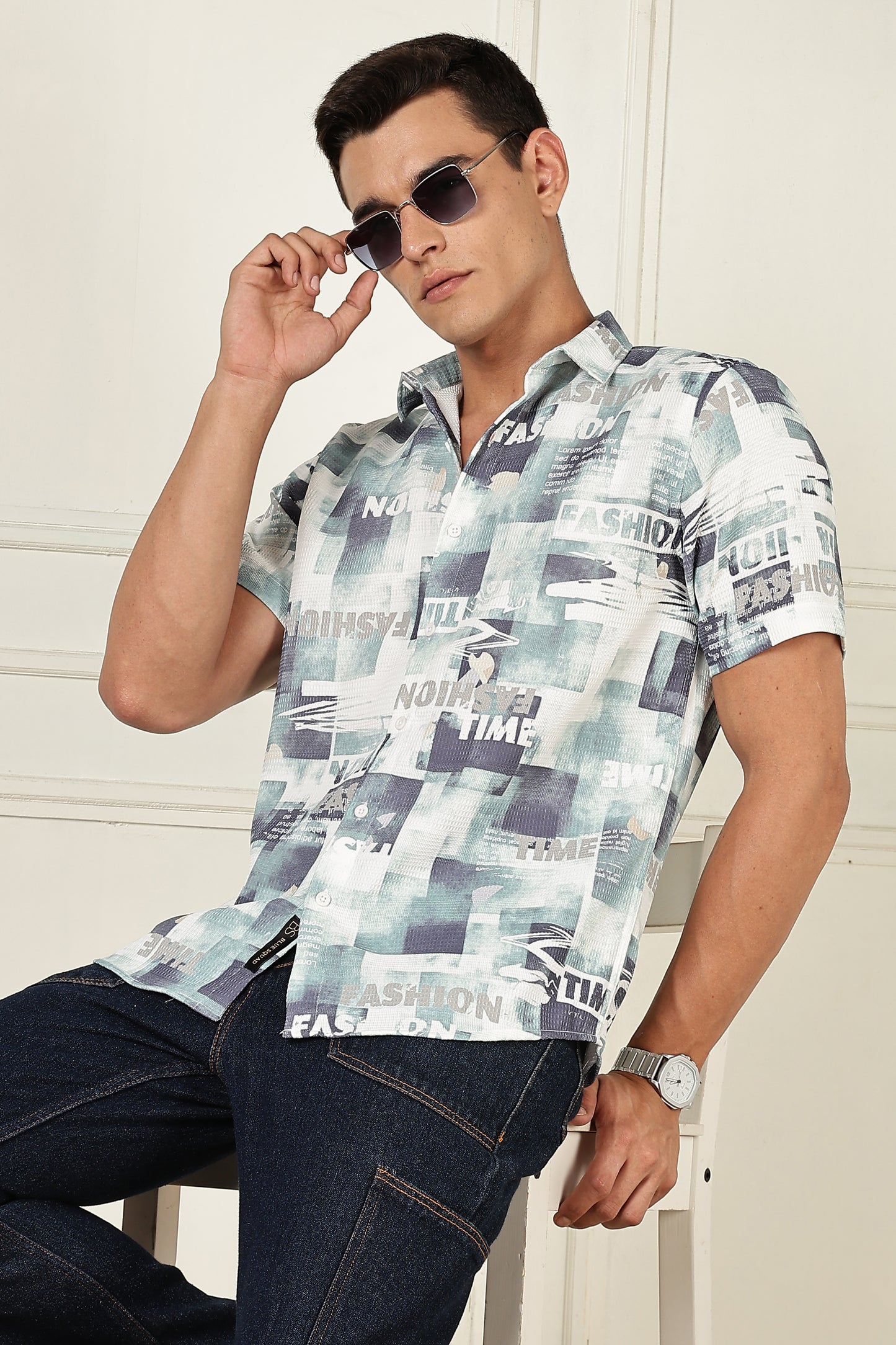 Men’s Typography Collage Print Short-Sleeve Shirt – Seafoam/Slate