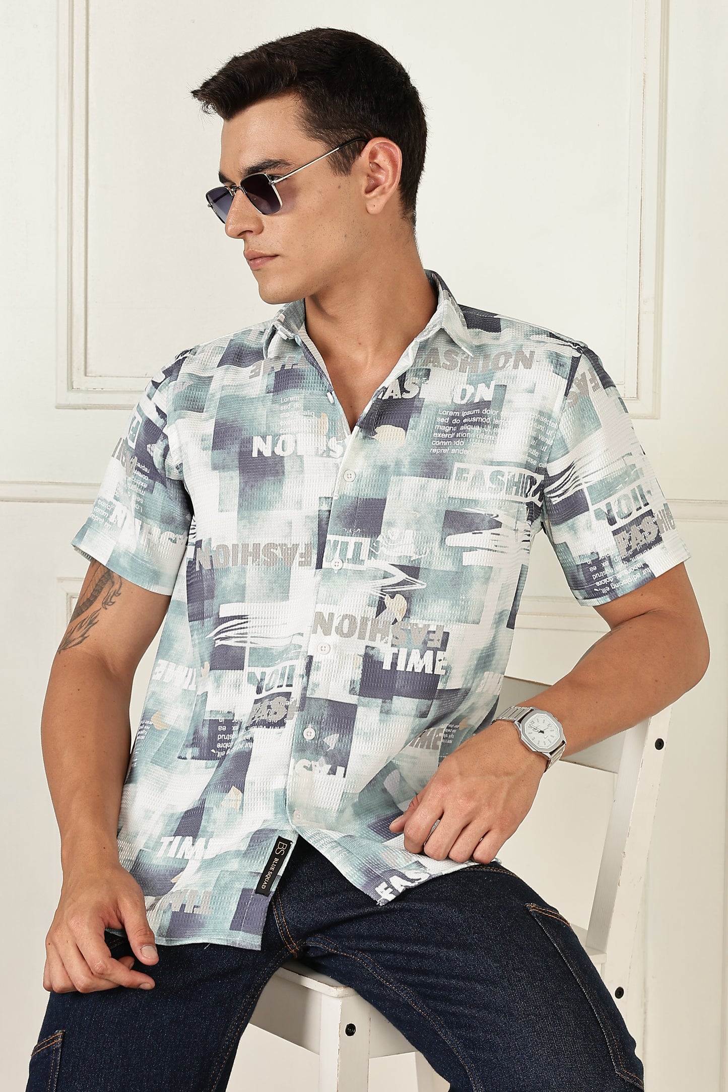 Men’s Typography Collage Print Short-Sleeve Shirt – Seafoam/Slate
