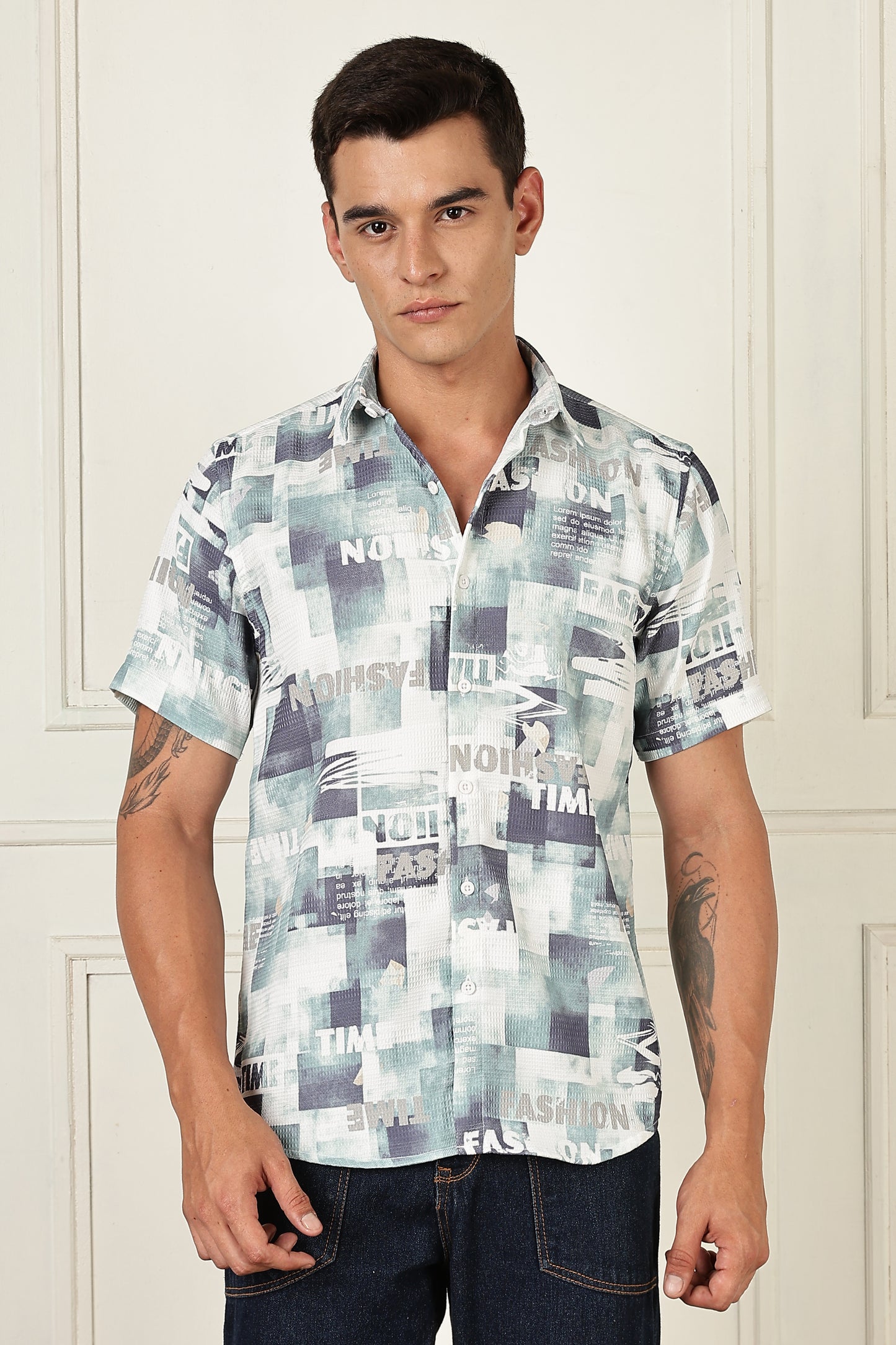 Men’s Typography Collage Print Short-Sleeve Shirt – Seafoam/Slate
