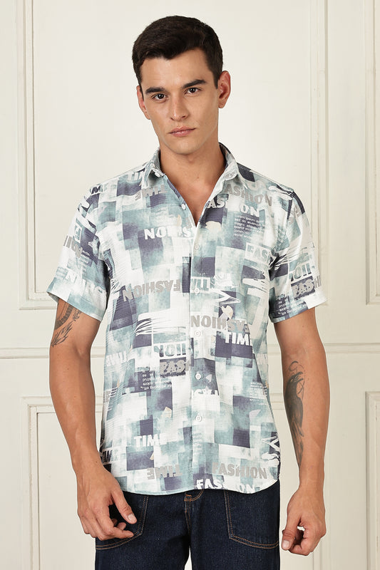 Men’s Typography Collage Print Short-Sleeve Shirt – Seafoam/Slate