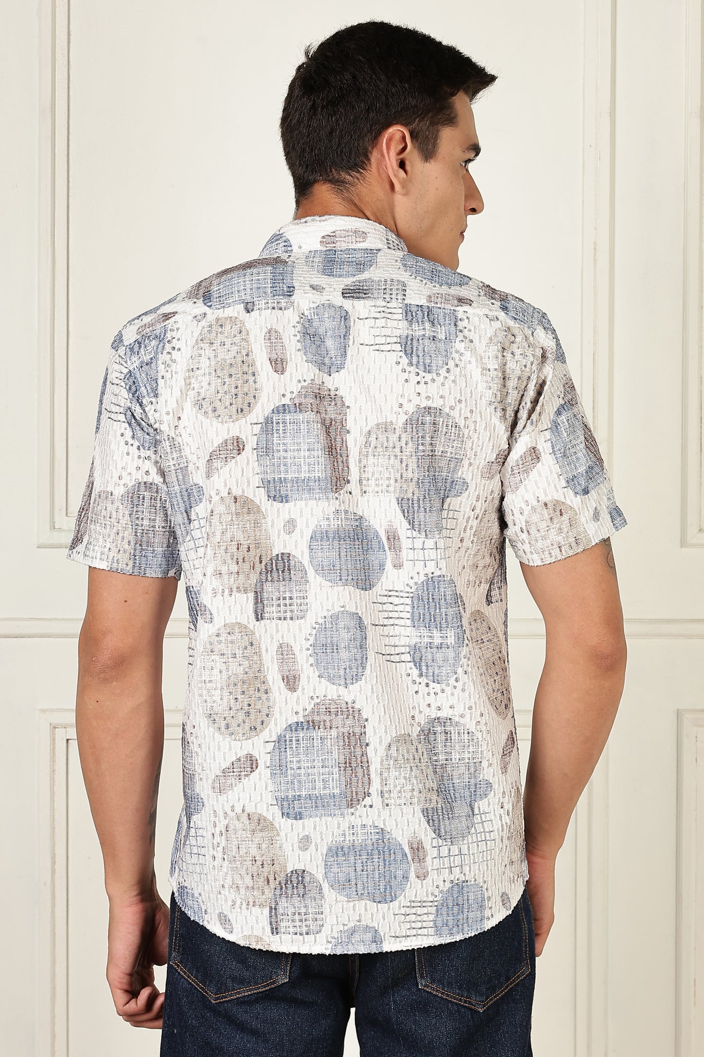 White & Slate Abstract Print Short-Sleeve Cotton Shirt