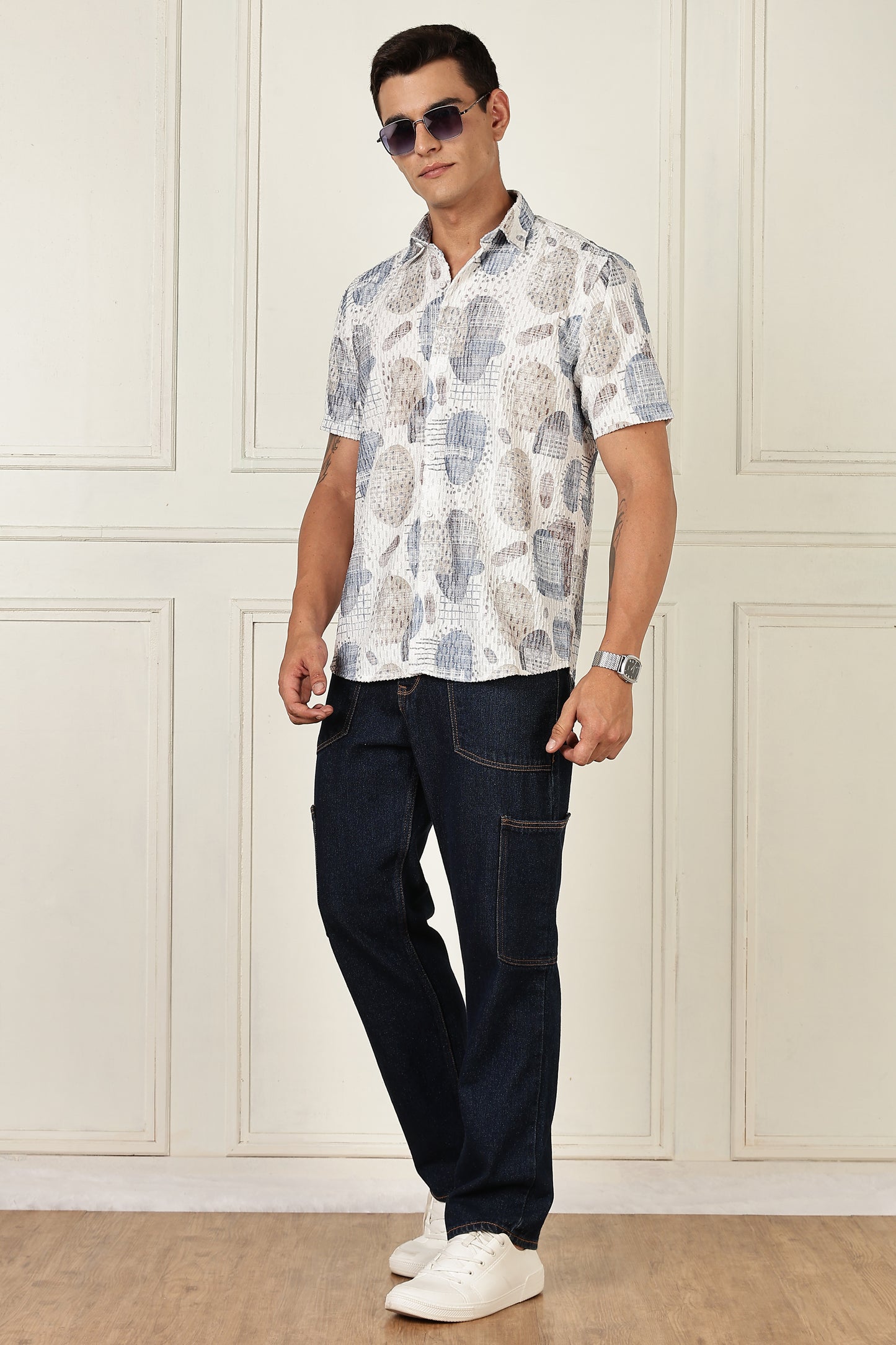 White & Slate Abstract Print Short-Sleeve Cotton Shirt