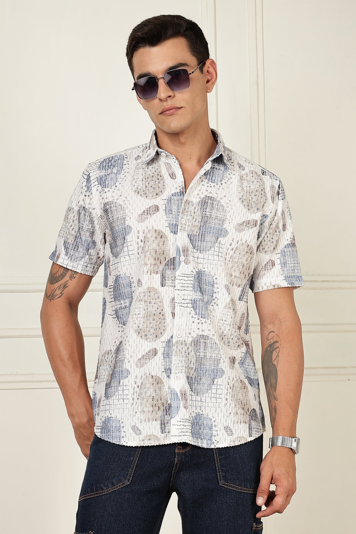 White & Slate Abstract Print Short-Sleeve Cotton Shirt