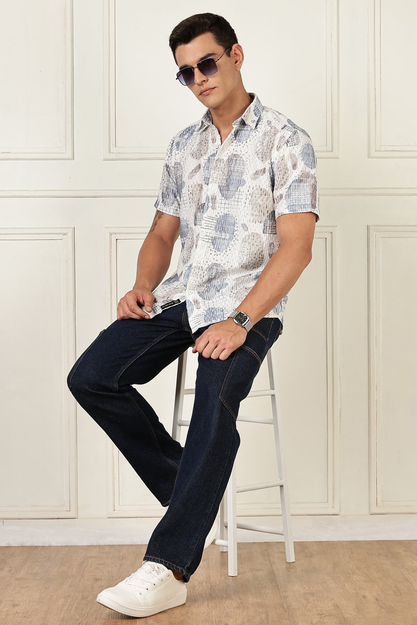 White & Slate Abstract Print Short-Sleeve Cotton Shirt